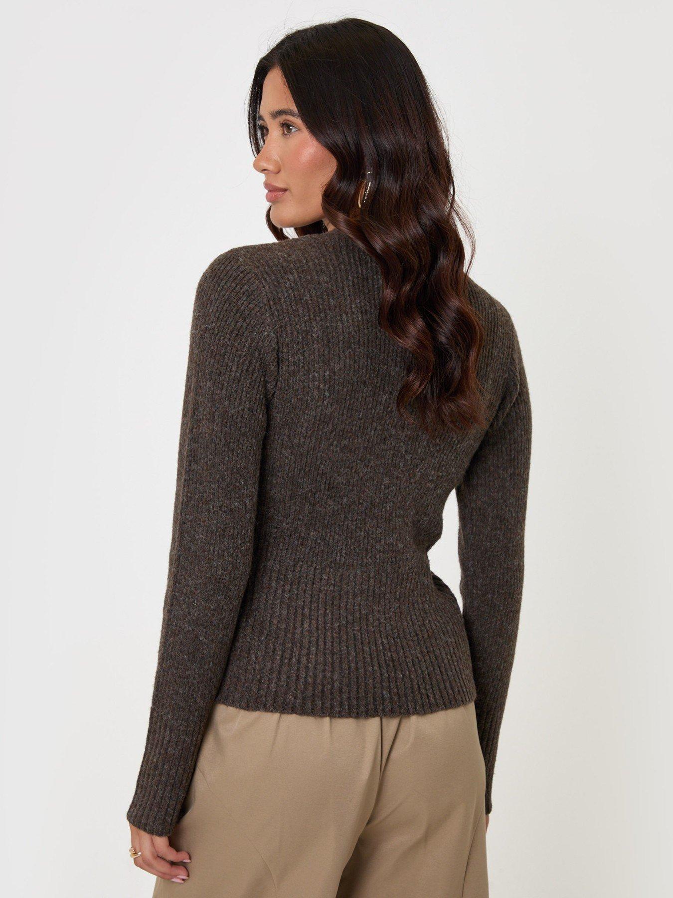 Image 2 of 4 of Threadbare Wool Blend V Neck Cardigan In Chocolate Brown