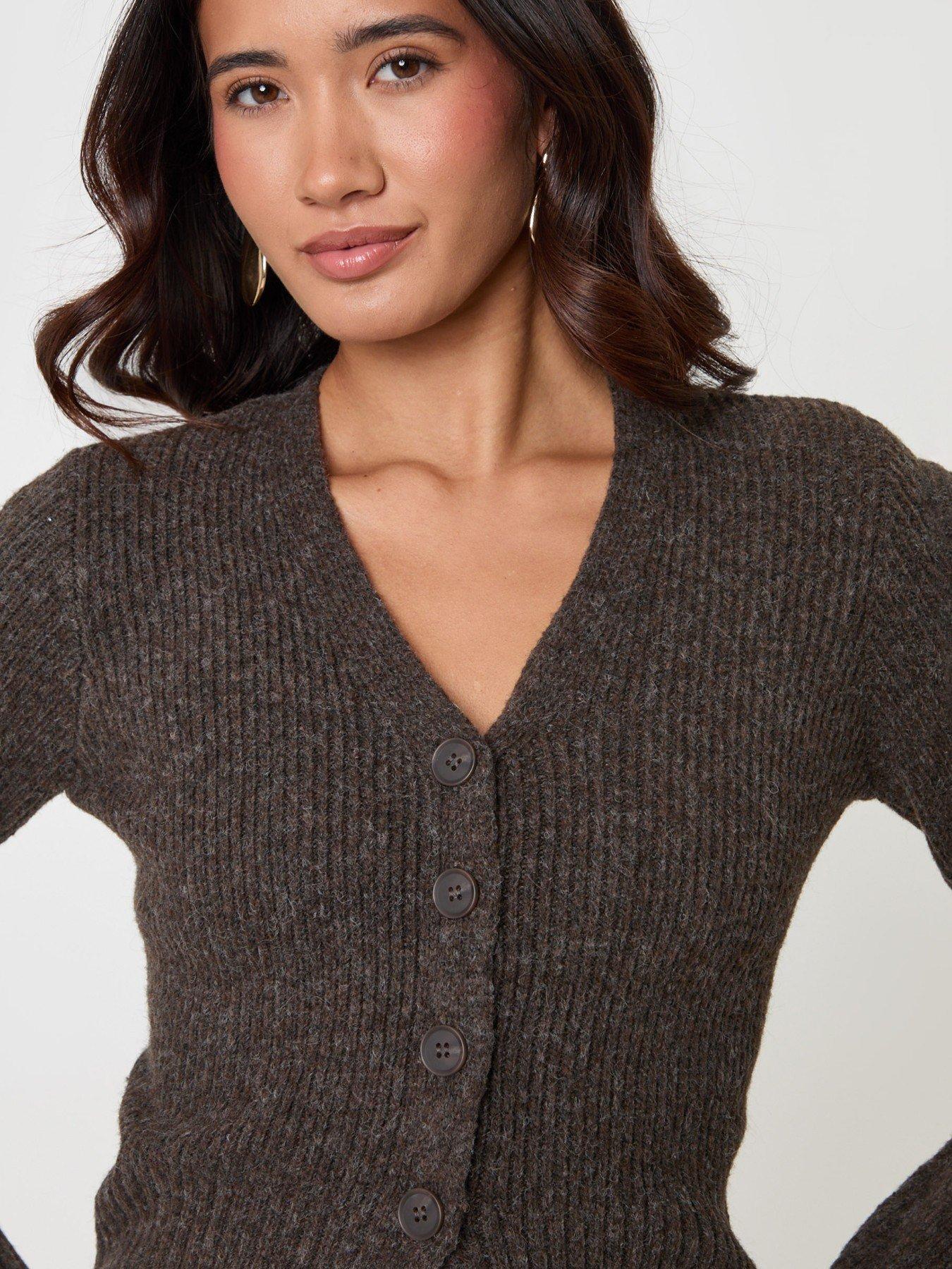 Image 4 of 4 of Threadbare Wool Blend V Neck Cardigan In Chocolate Brown