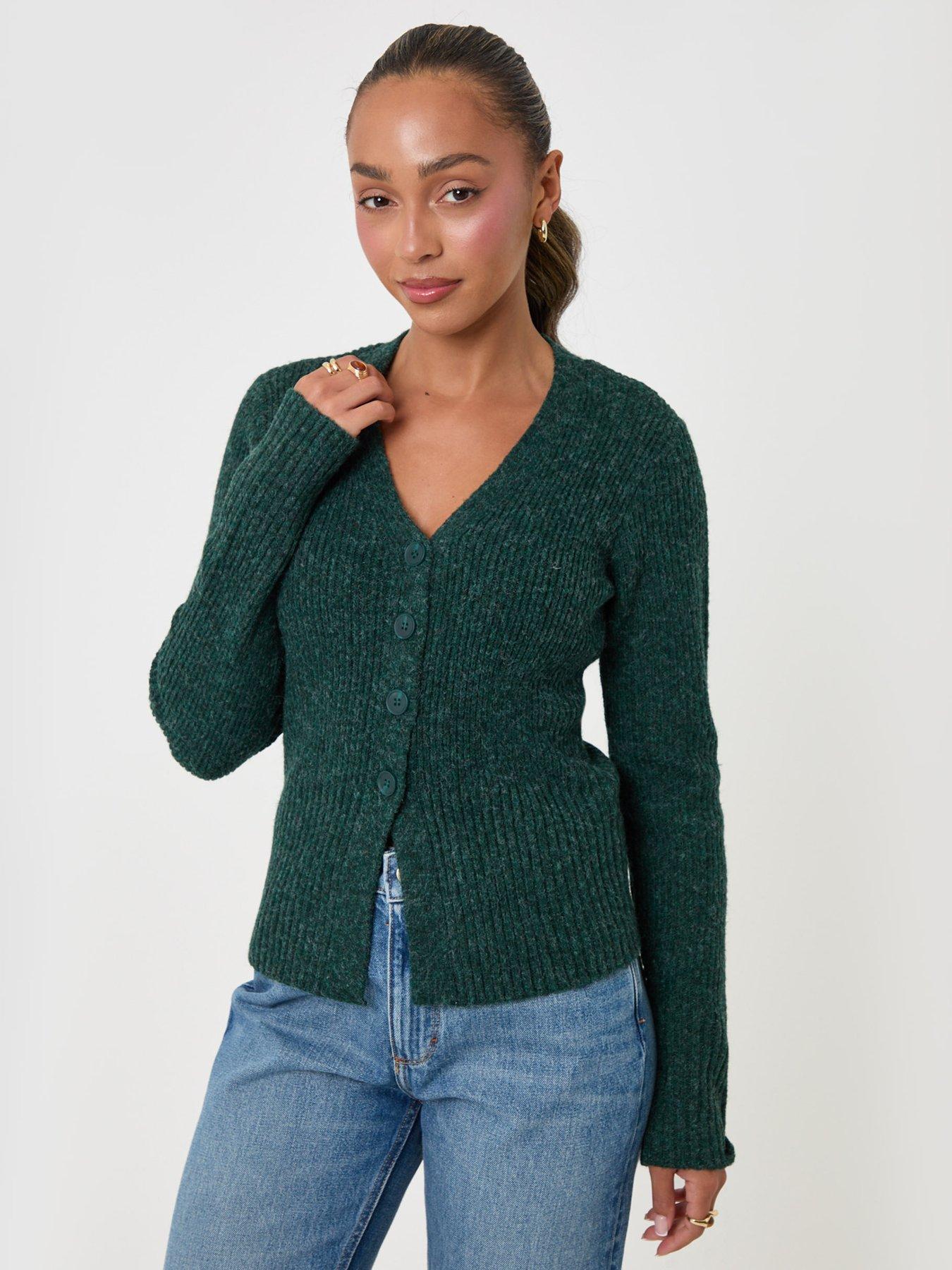 Image 1 of 4 of Threadbare Womens Wool Blend V Neck Ribbed Cardigan - Green