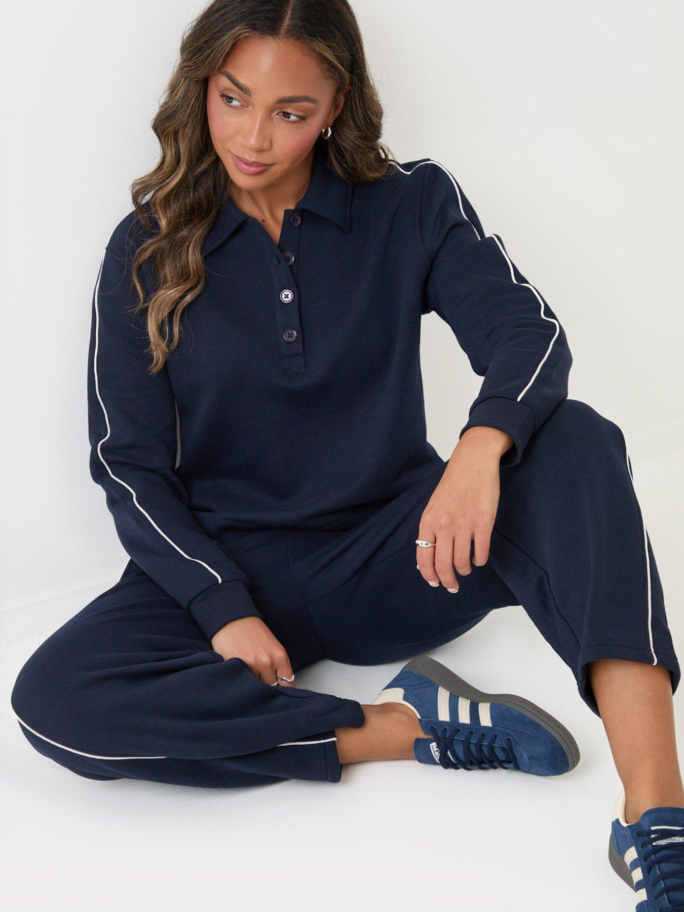 Image 1 of 6 of Threadbare Petite Polo Collar Barrel Leg Lounge Set In Navy