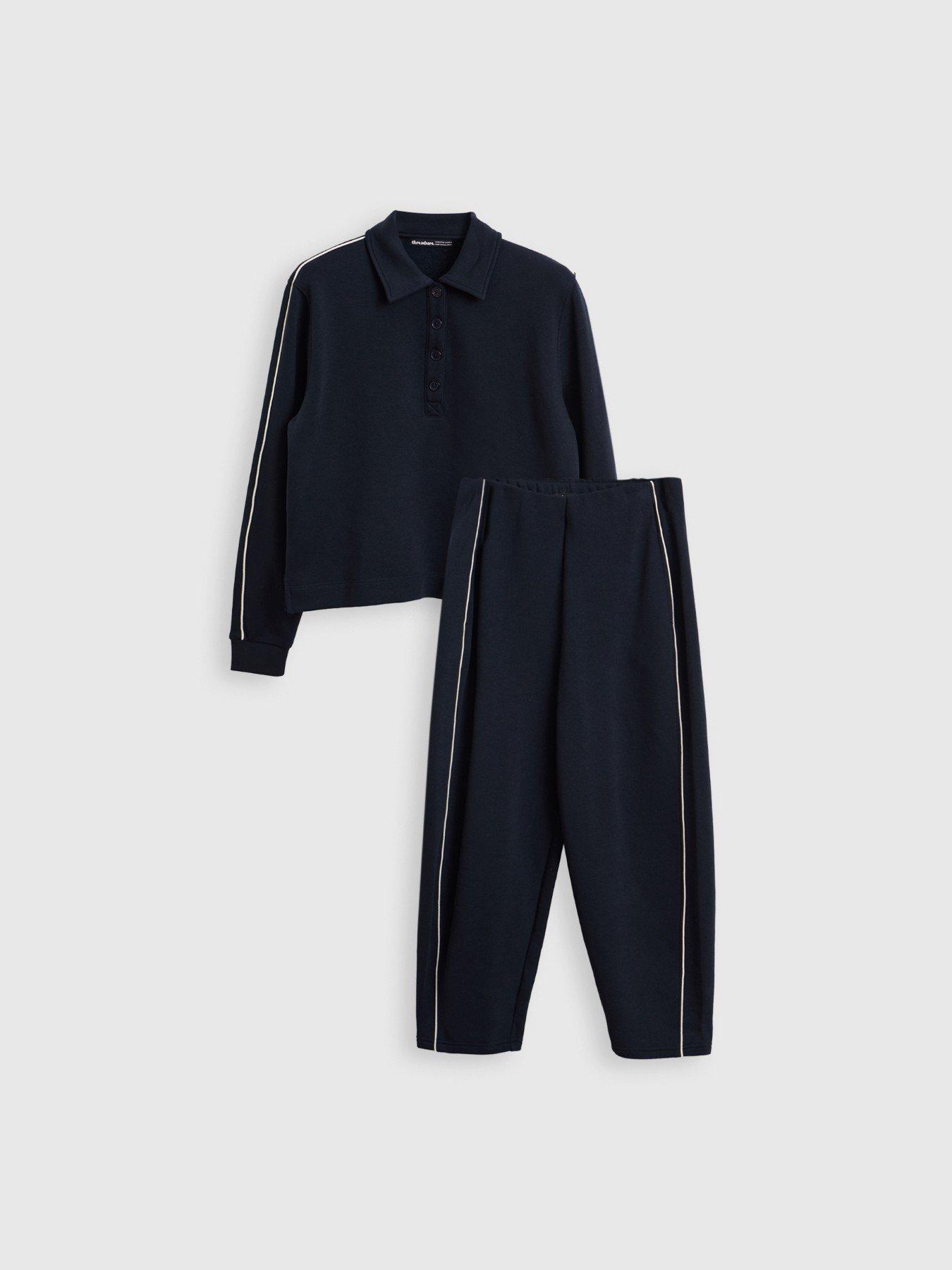 Image 6 of 6 of Threadbare Petite Polo Collar Barrel Leg Lounge Set In Navy