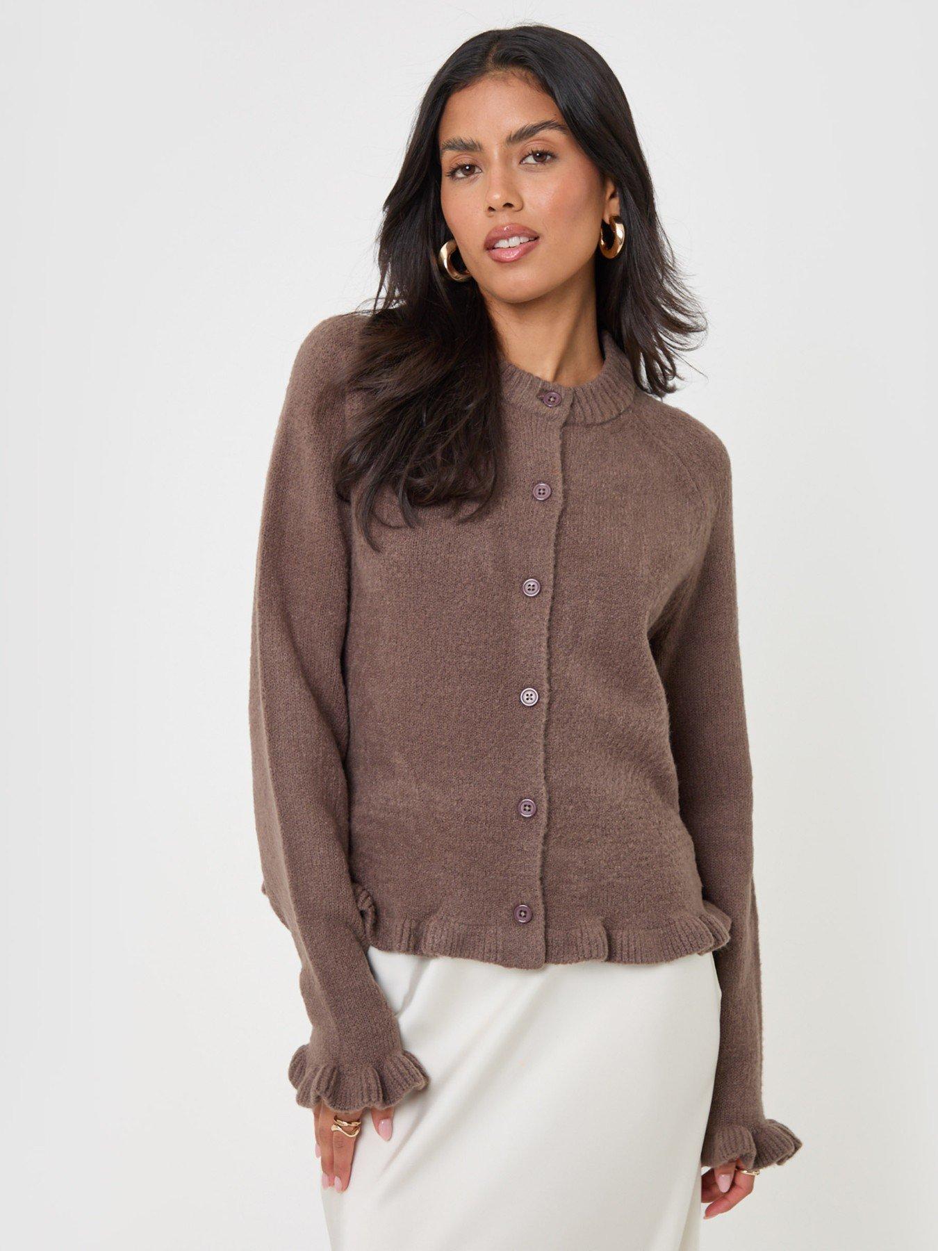 Image 2 of 5 of Threadbare Crew Neck Ruffle Cardigan In Mocha Brown