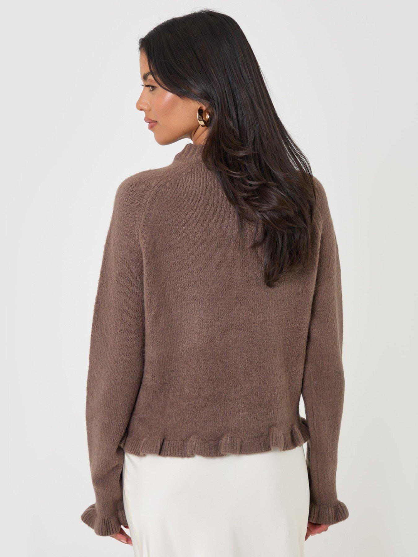 Image 3 of 5 of Threadbare Crew Neck Ruffle Cardigan In Mocha Brown