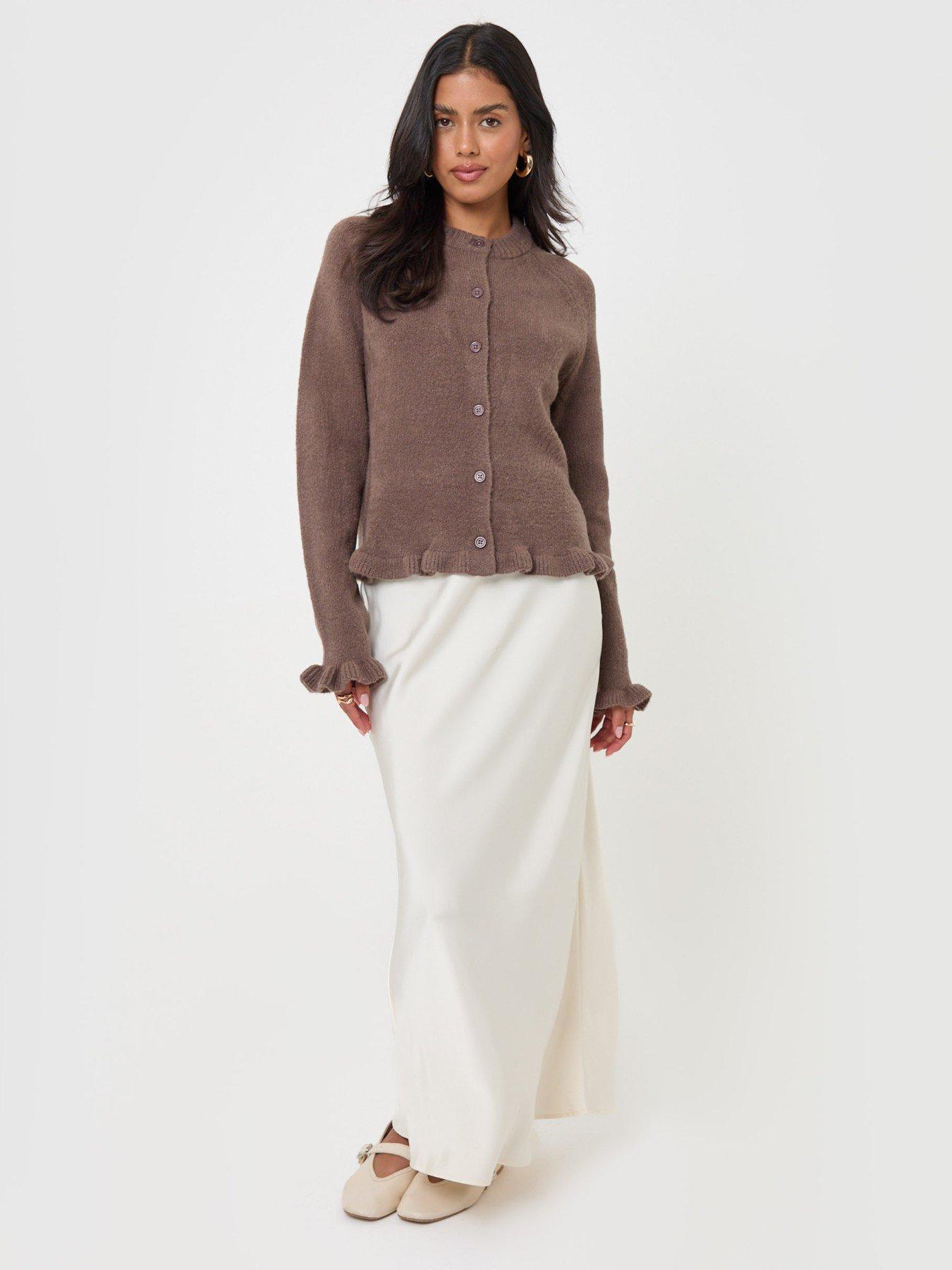 Image 4 of 5 of Threadbare Crew Neck Ruffle Cardigan In Mocha Brown