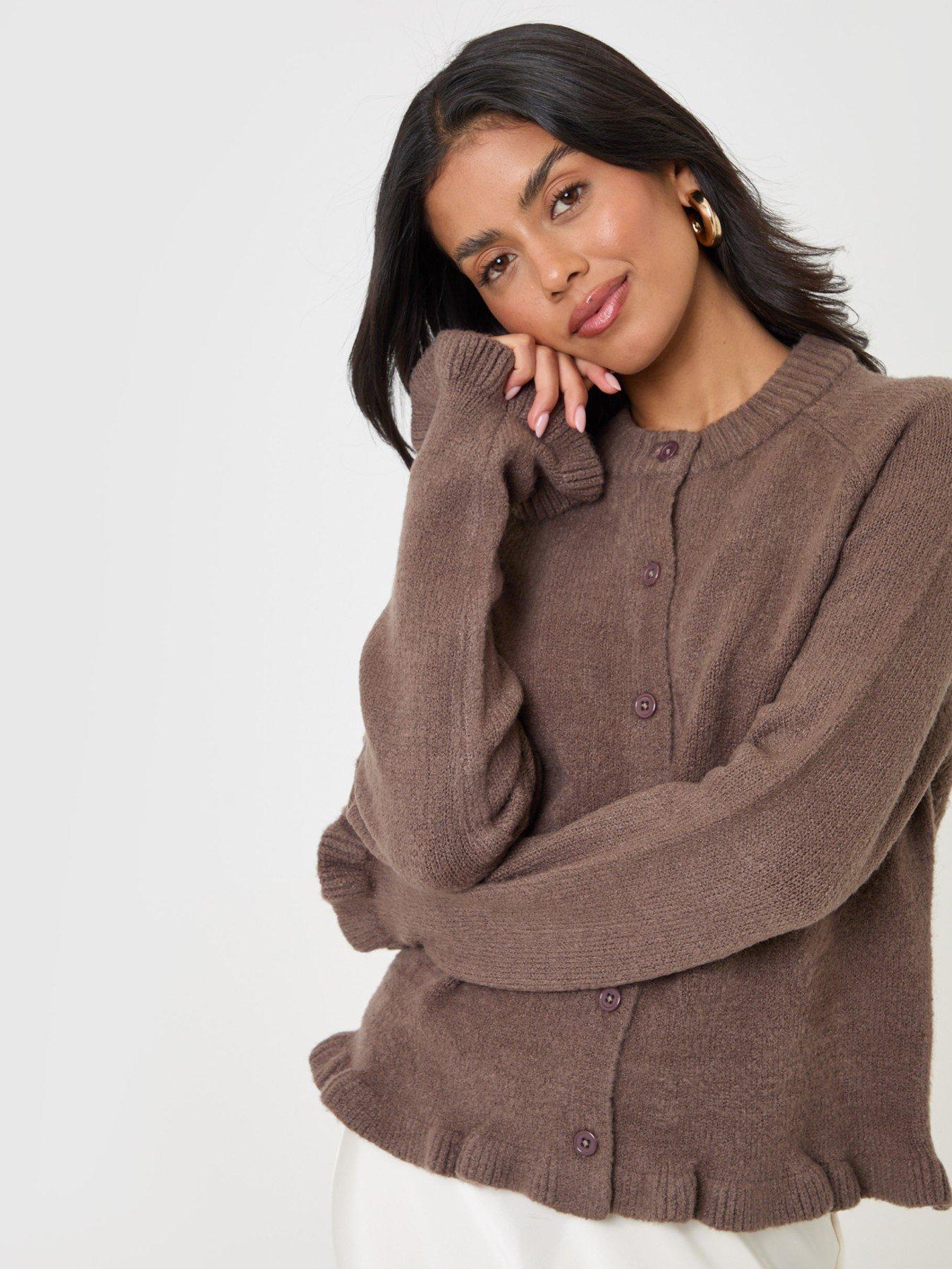 Image 5 of 5 of Threadbare Crew Neck Ruffle Cardigan In Mocha Brown
