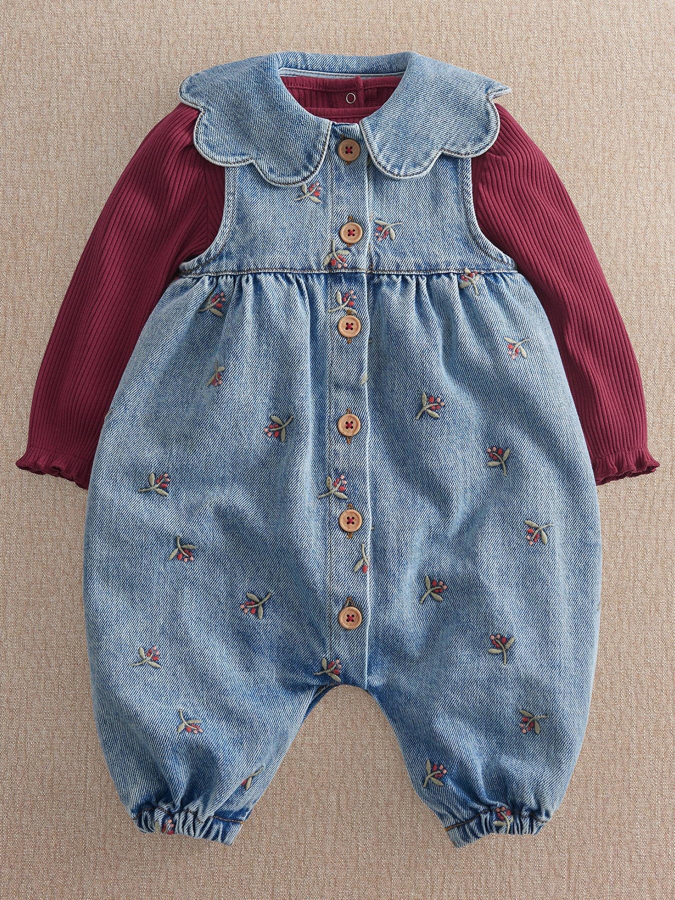 Mamas & Papas Baby Girls 2 Piece Berry Denim Dungarees  &  Ribbed Bodysuit Set - Blue