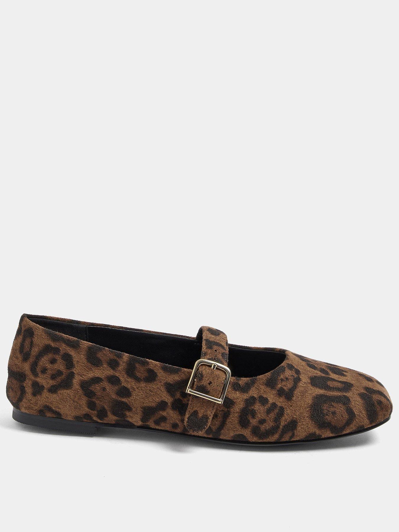 Yours Curve Wide Fit Leopard Buckle Detail Mary Jane Flats - Brown
