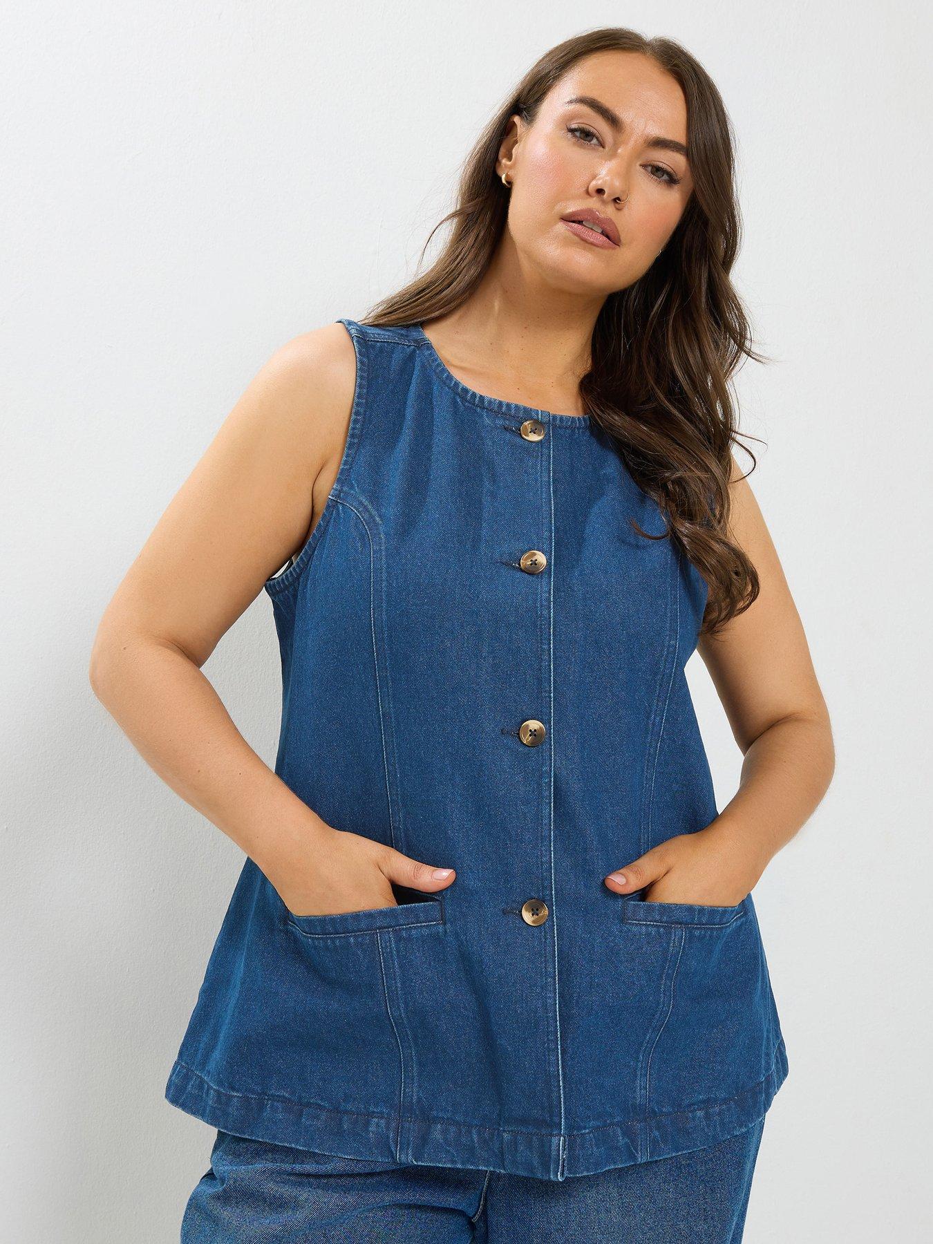 Image 1 of 4 of Yours Women's Curve Denim Pocket Longline Waistcoat - Blue
