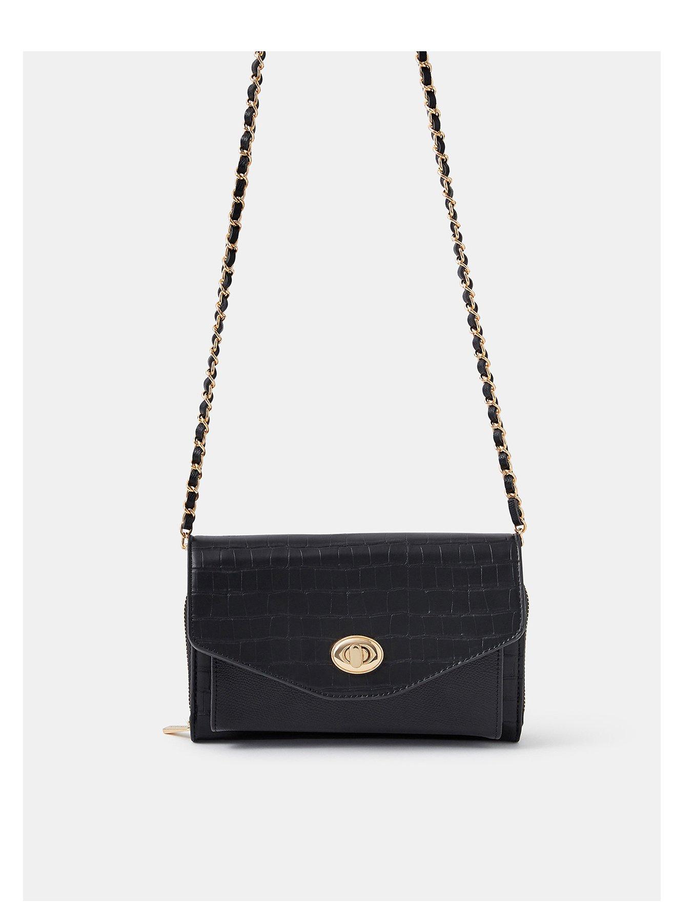 Image 1 of 3 of Accessorize Womens Twist-Lock Leather Croc-Effect Chain Strap Crossbody Bag - Black