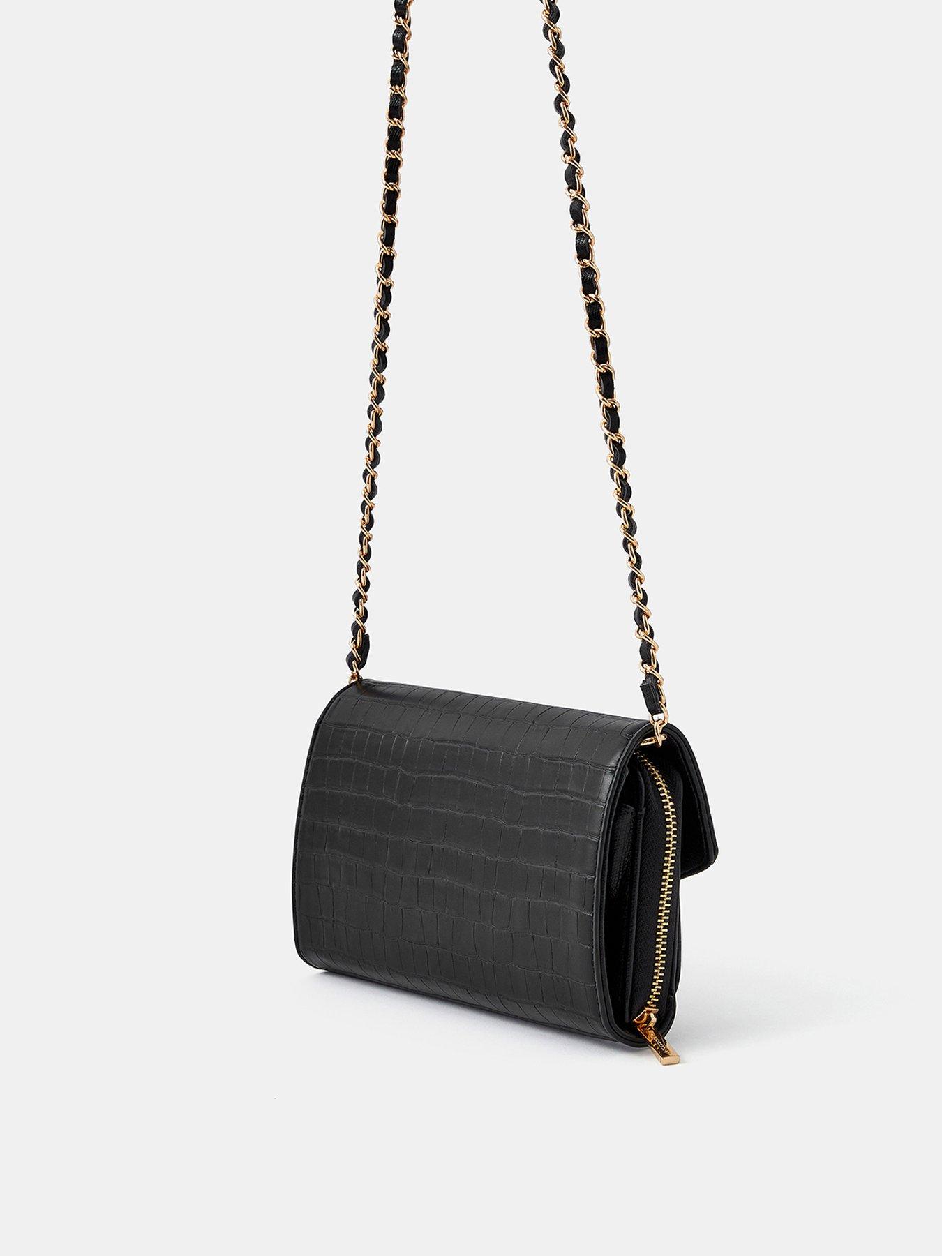 Image 2 of 3 of Accessorize Womens Twist-Lock Leather Croc-Effect Chain Strap Crossbody Bag - Black