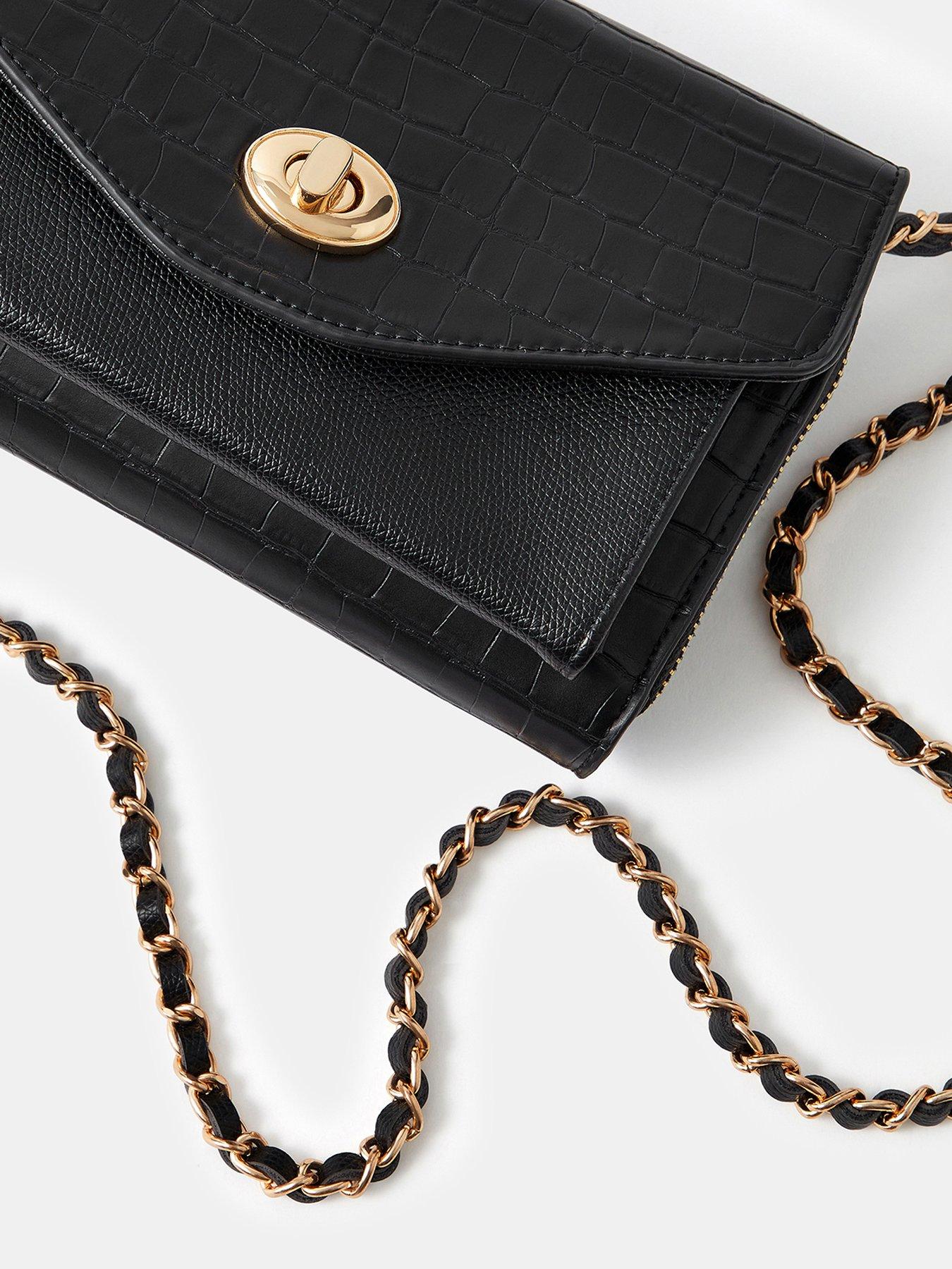 Image 3 of 3 of Accessorize Womens Twist-Lock Leather Croc-Effect Chain Strap Crossbody Bag - Black