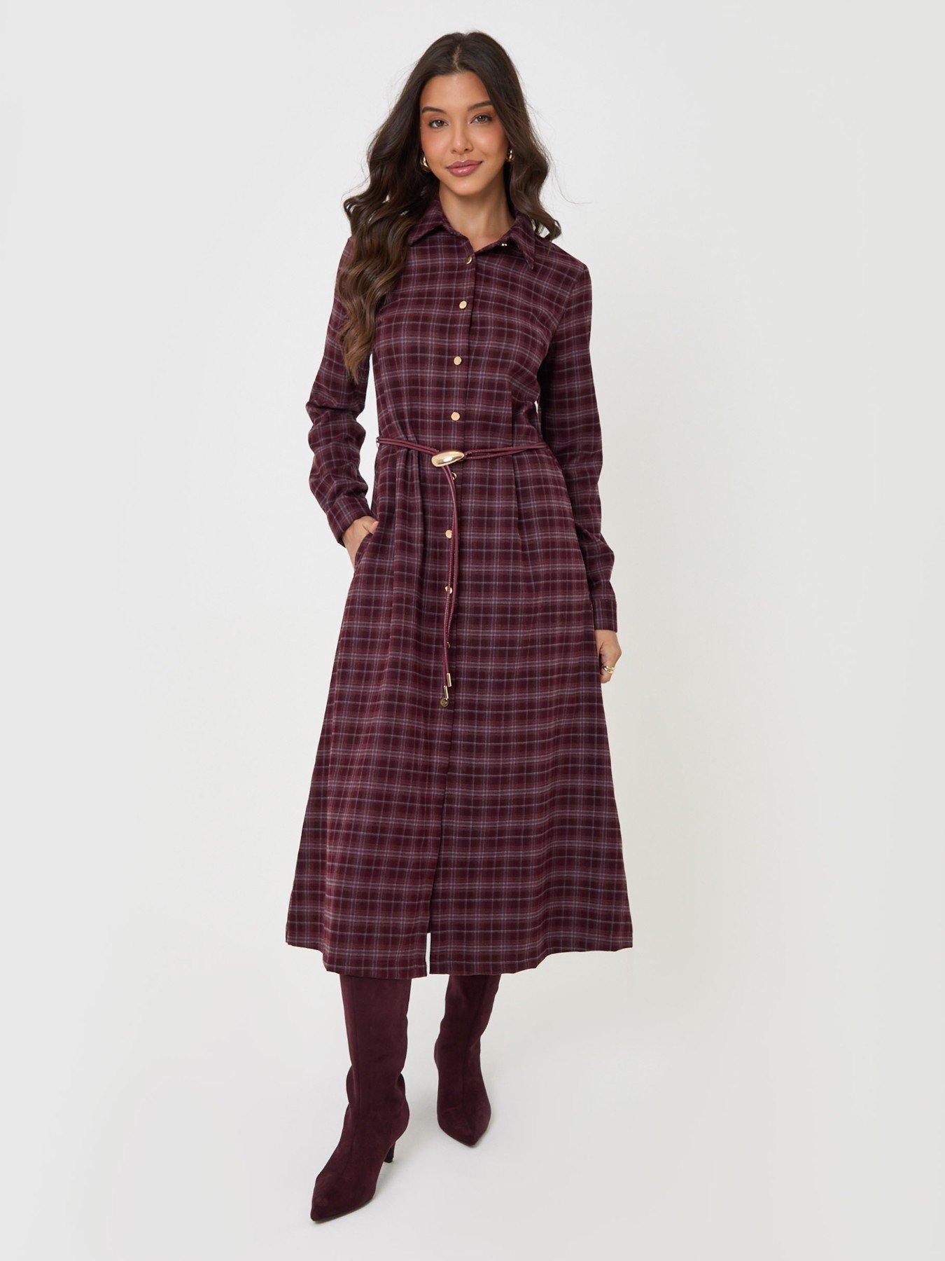 Image 1 of 5 of Threadbare Belted Midaxi Shirt Dress In Plum Check