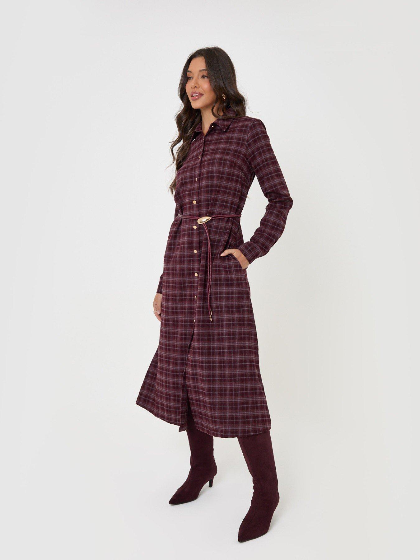 Image 3 of 5 of Threadbare Belted Midaxi Shirt Dress In Plum Check