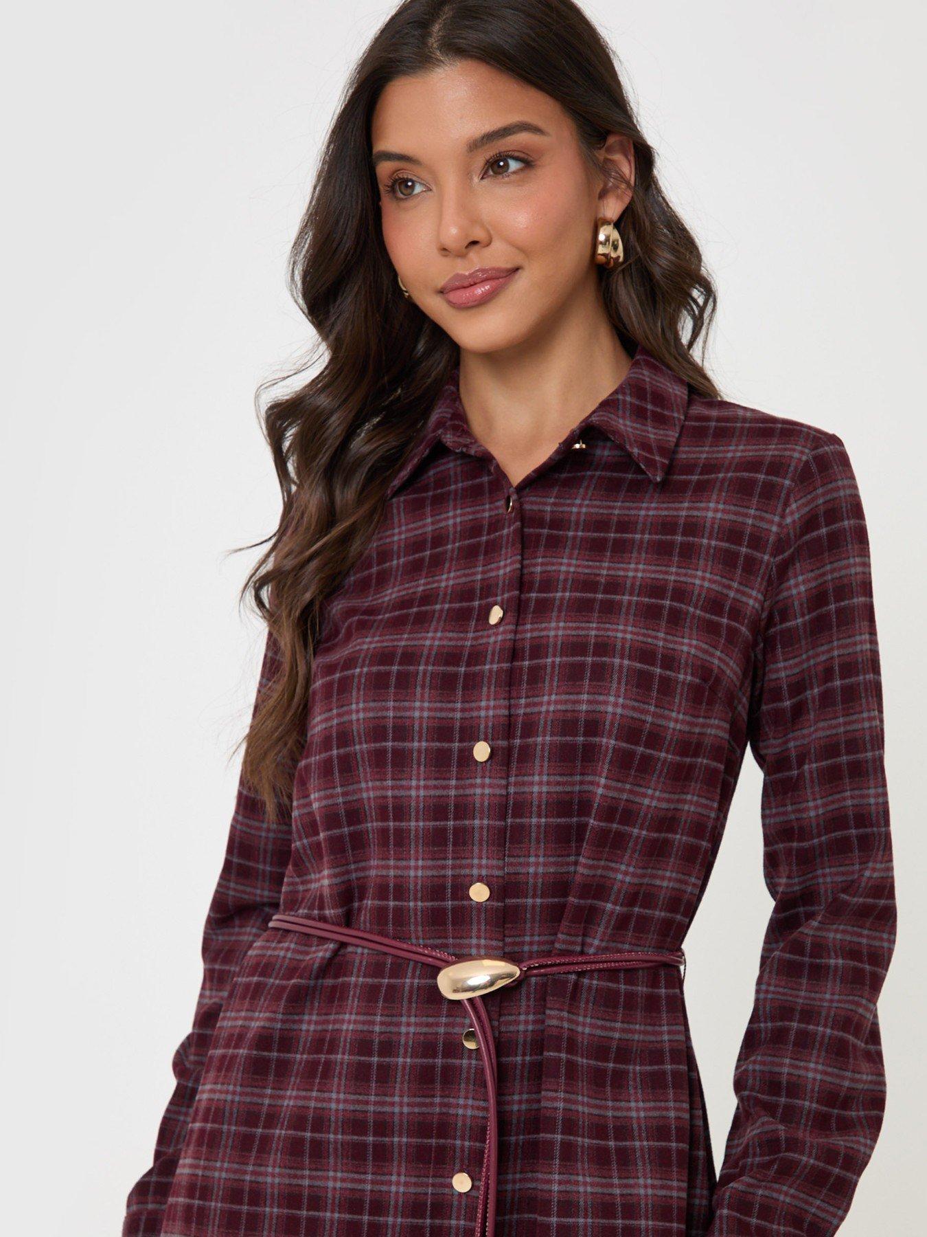 Image 4 of 5 of Threadbare Belted Midaxi Shirt Dress In Plum Check