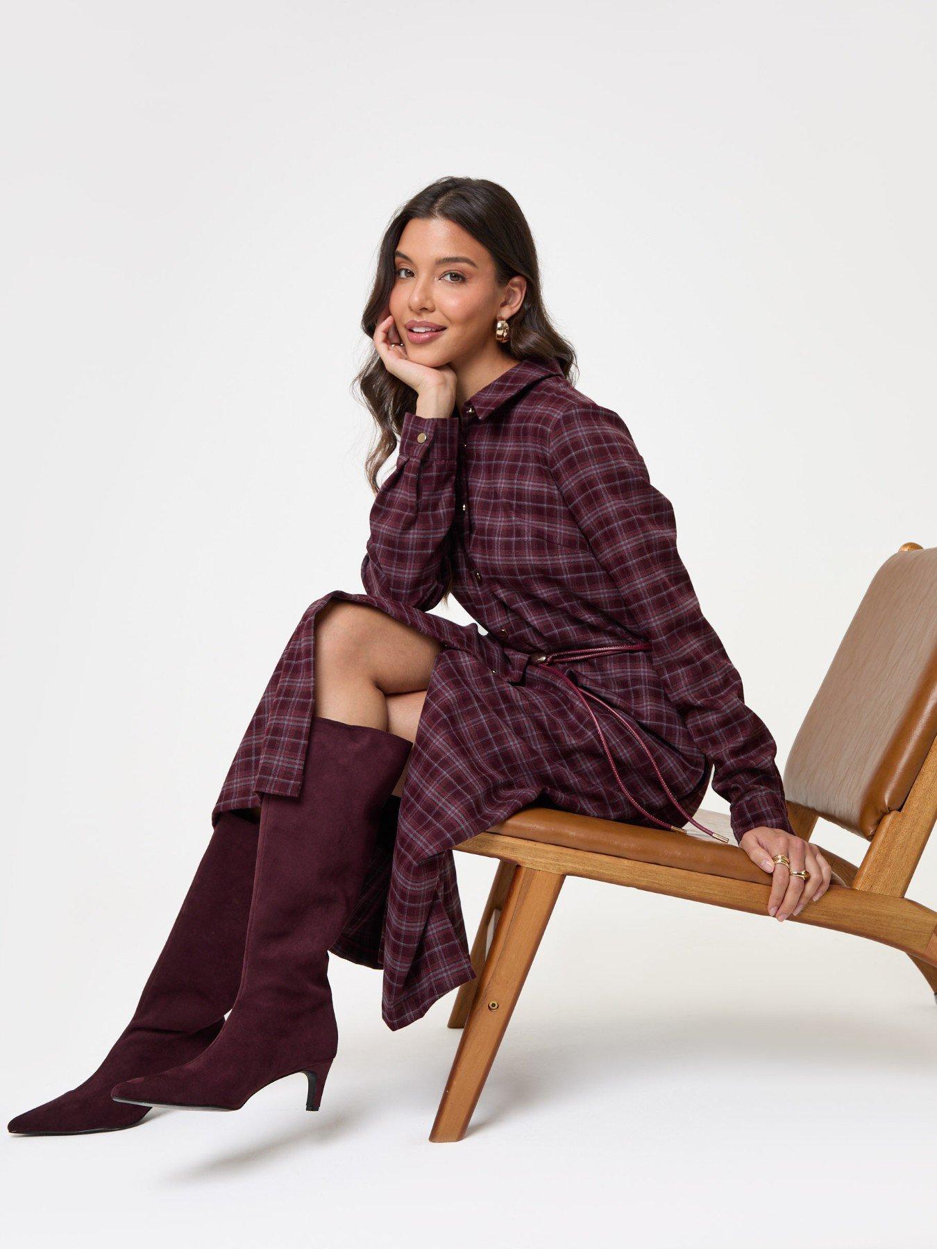 Image 5 of 5 of Threadbare Belted Midaxi Shirt Dress In Plum Check
