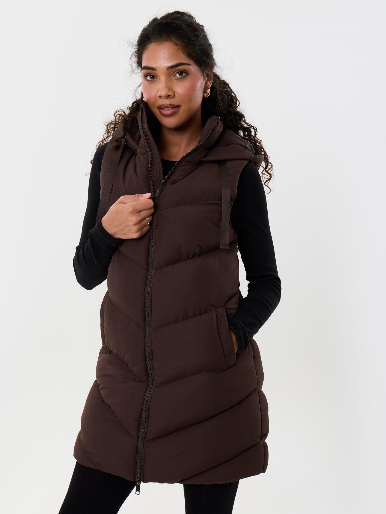 Image 1 of 4 of Threadbare Longline Padded Gilet In Chocolate Brown