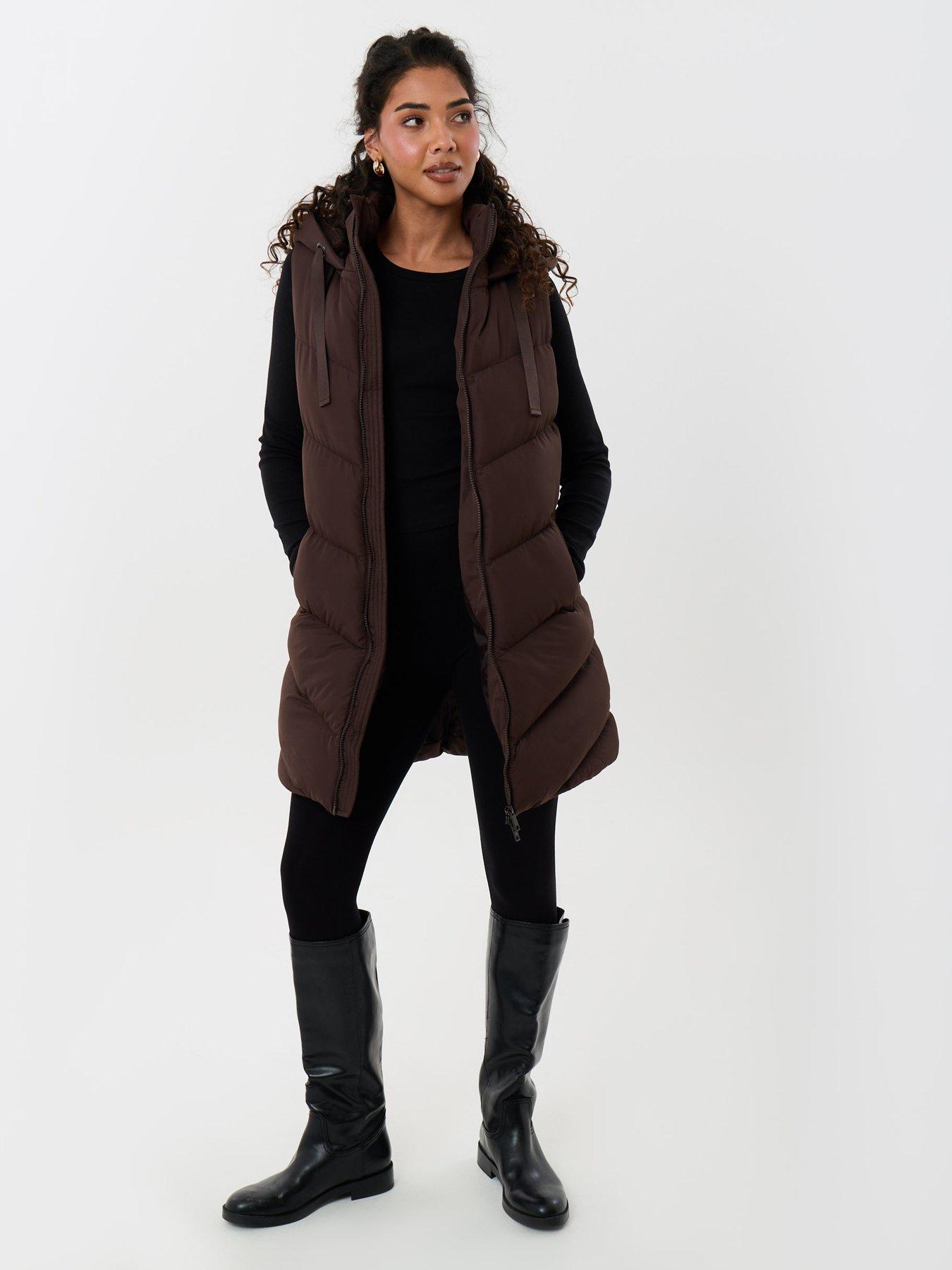 Image 3 of 4 of Threadbare Longline Padded Gilet In Chocolate Brown