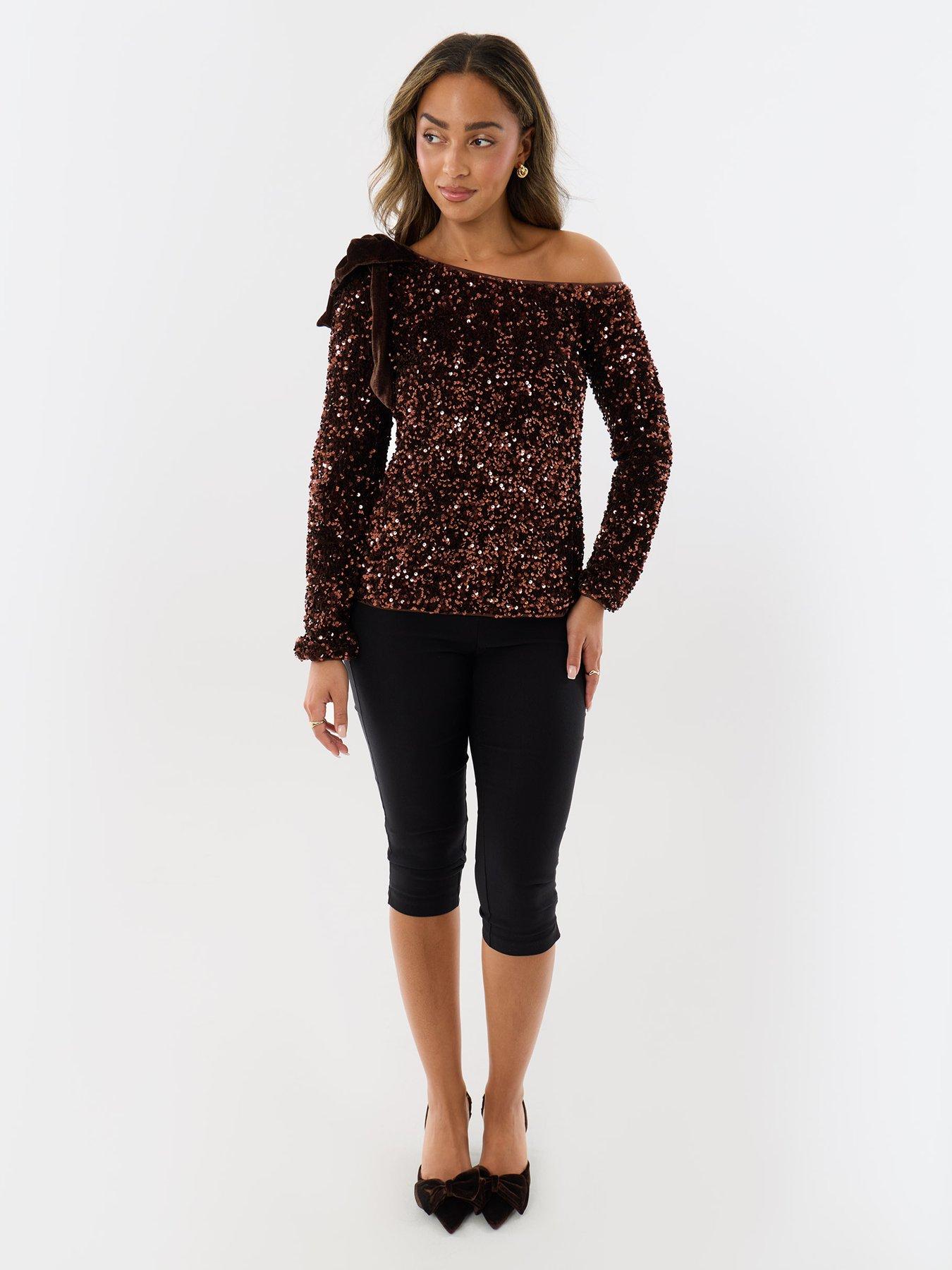 Image 3 of 5 of Threadbare Womens Sequin Slash Neck Bow Blouse - Brown