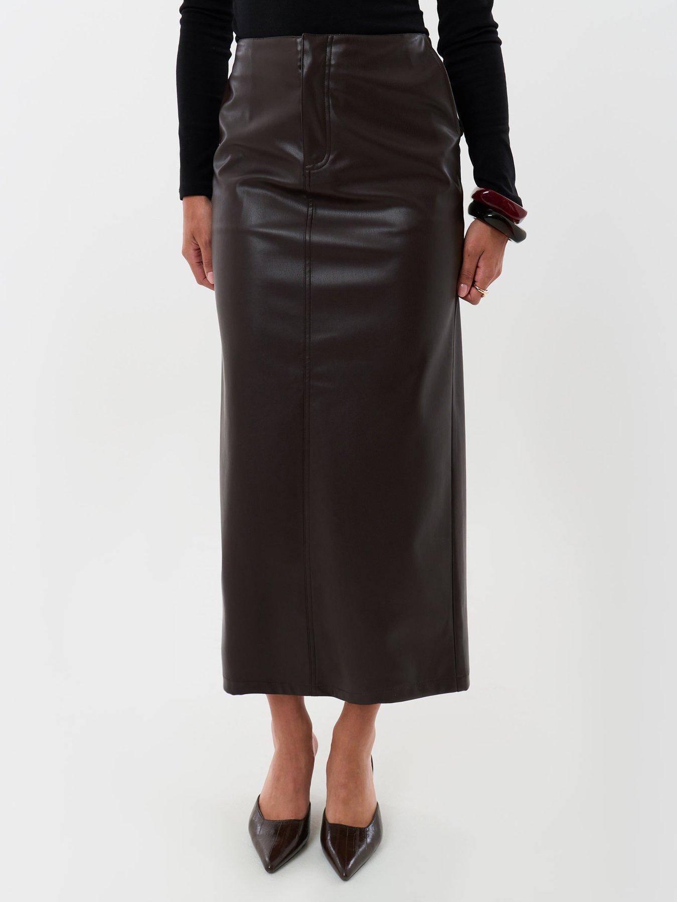 Image 1 of 4 of Threadbare Womens Faux Leather Maxi Front Split Skirt - Brown