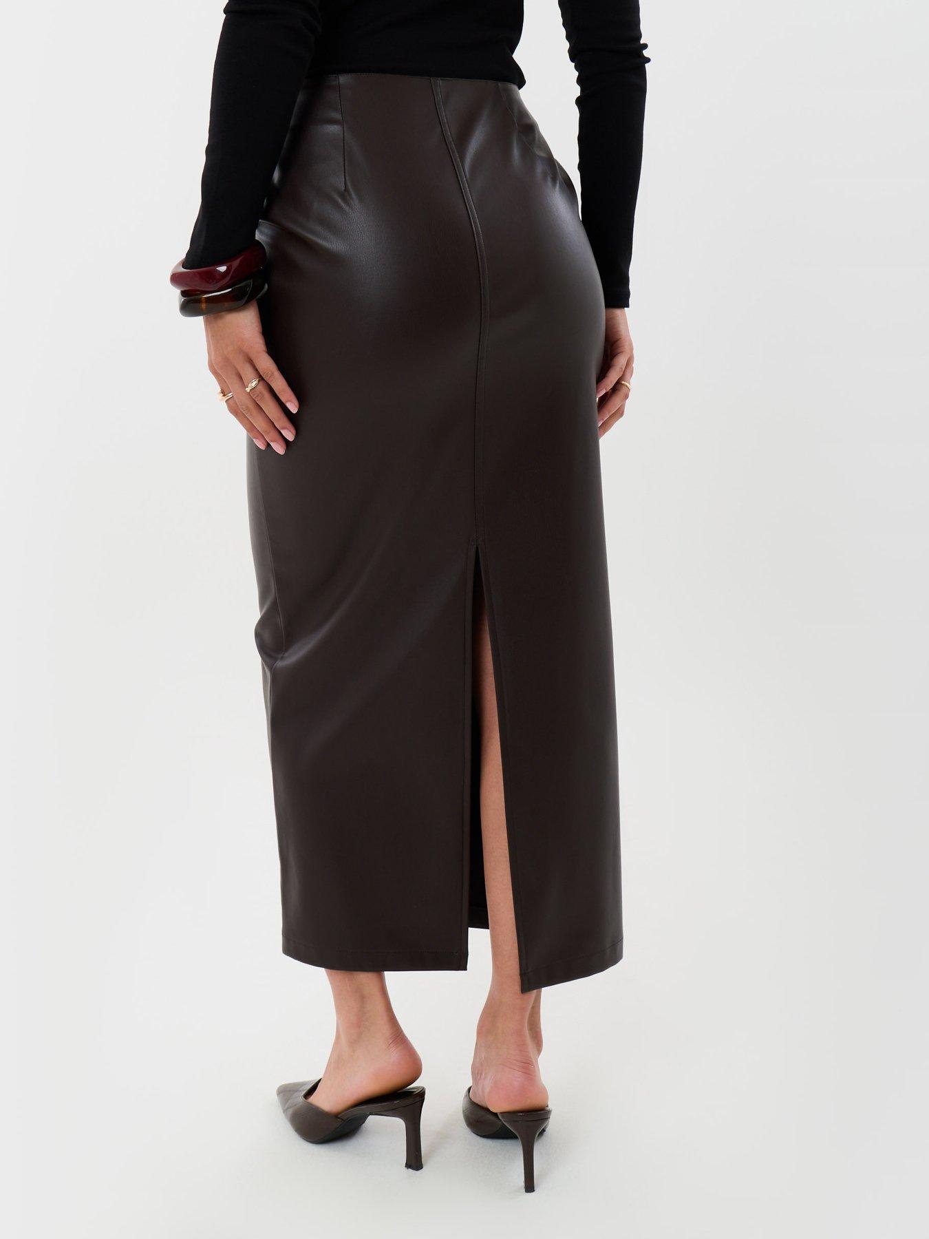 Image 2 of 4 of Threadbare Womens Faux Leather Maxi Front Split Skirt - Brown