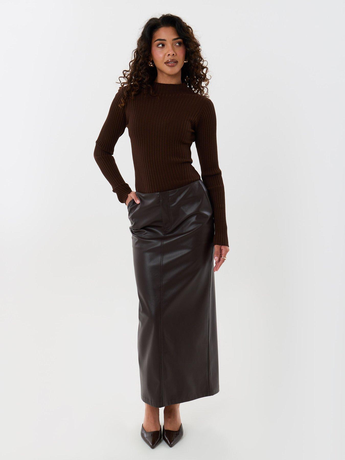 Image 3 of 4 of Threadbare Womens Faux Leather Maxi Front Split Skirt - Brown