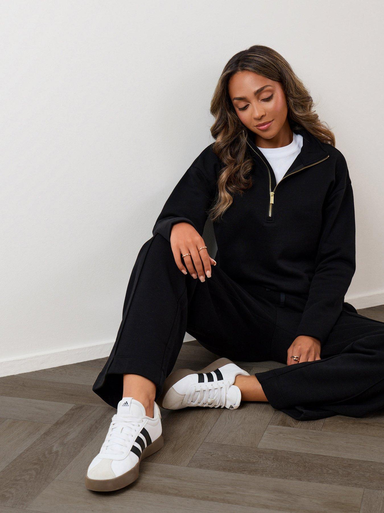 Image 1 of 4 of Threadbare Womens Funnel Neck Half-Zip Wide Leg Sweatshirt Set - Black