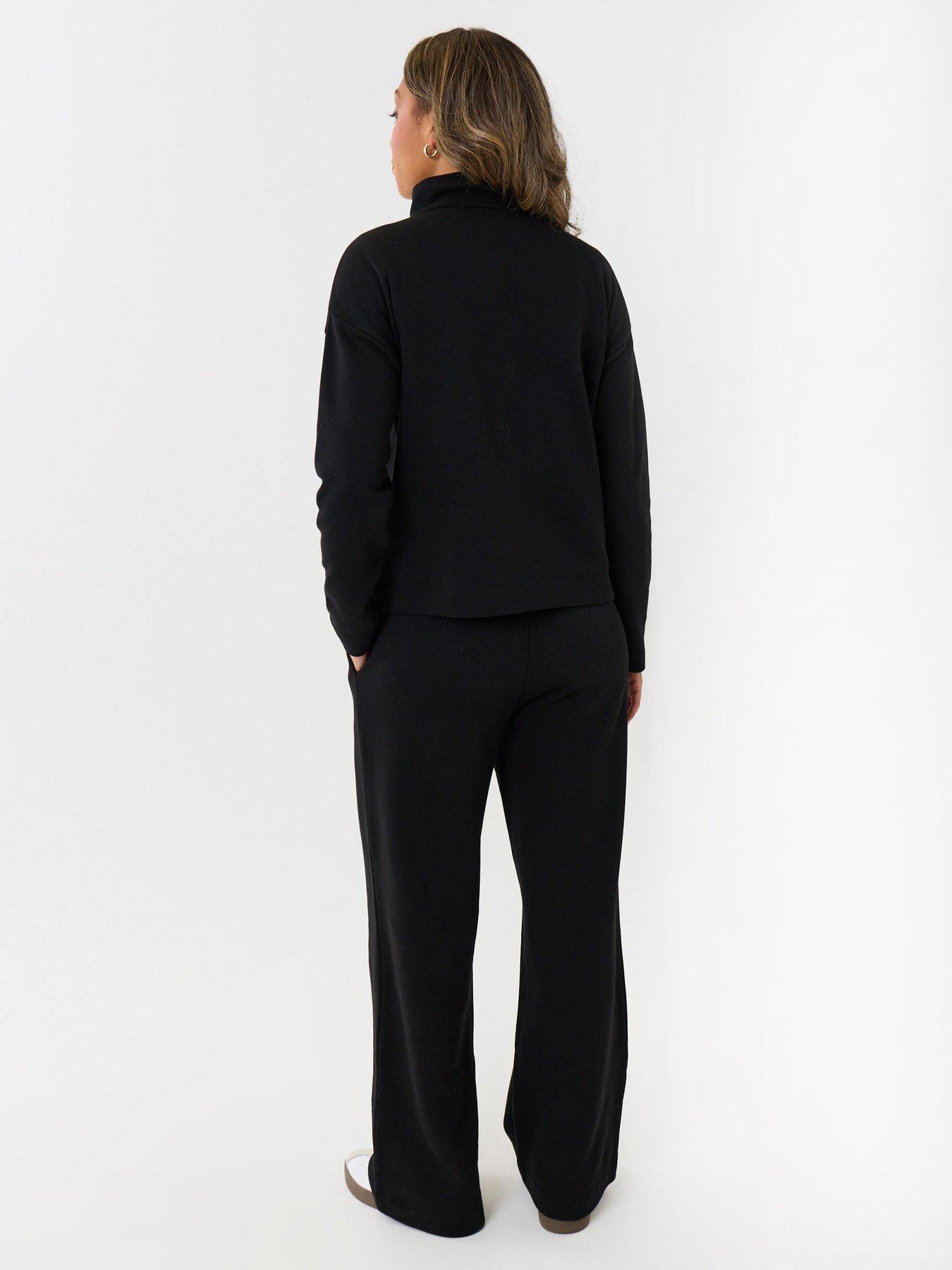 Image 2 of 4 of Threadbare Womens Funnel Neck Half-Zip Wide Leg Sweatshirt Set - Black
