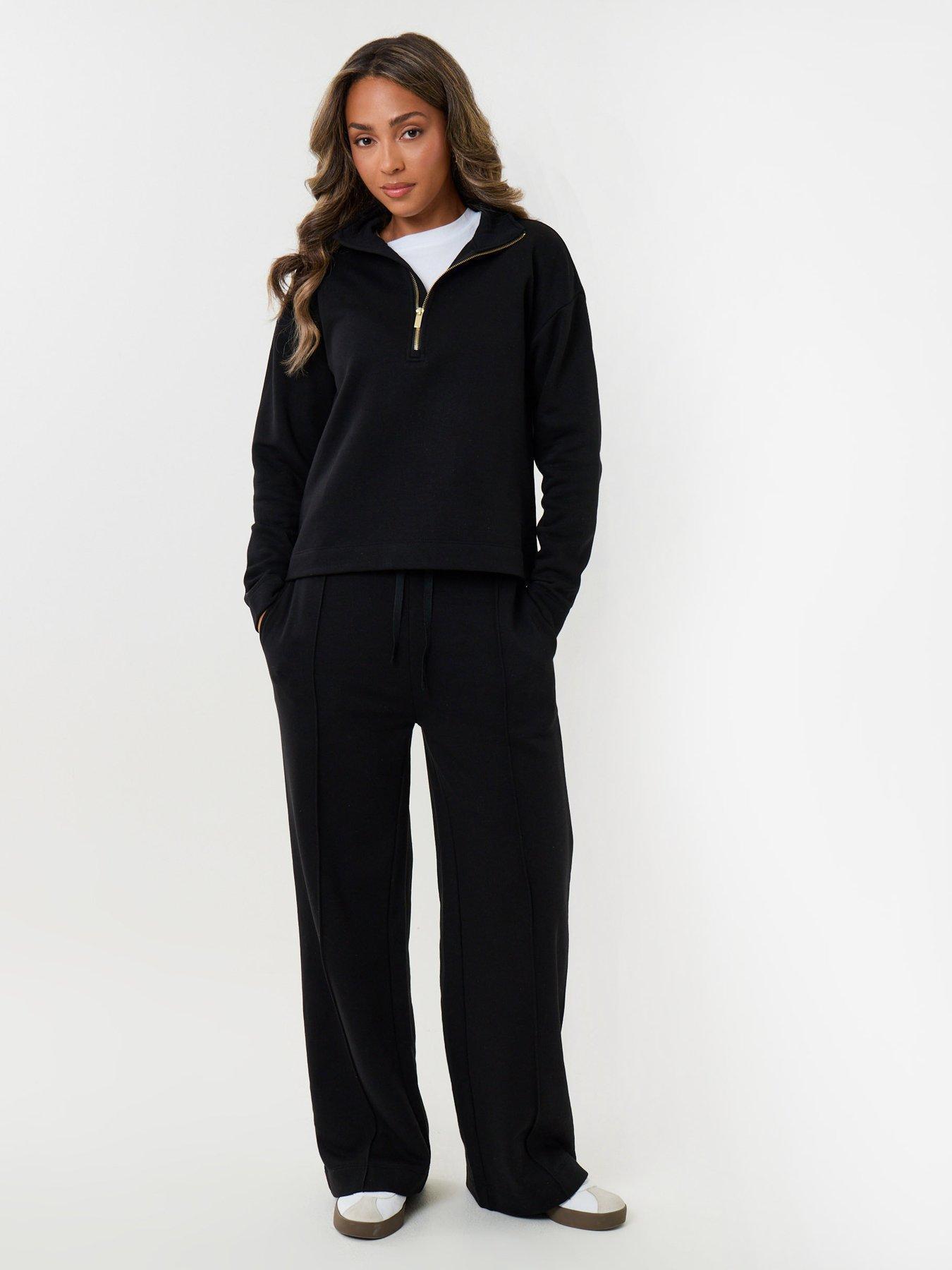 Image 3 of 4 of Threadbare Womens Funnel Neck Half-Zip Wide Leg Sweatshirt Set - Black