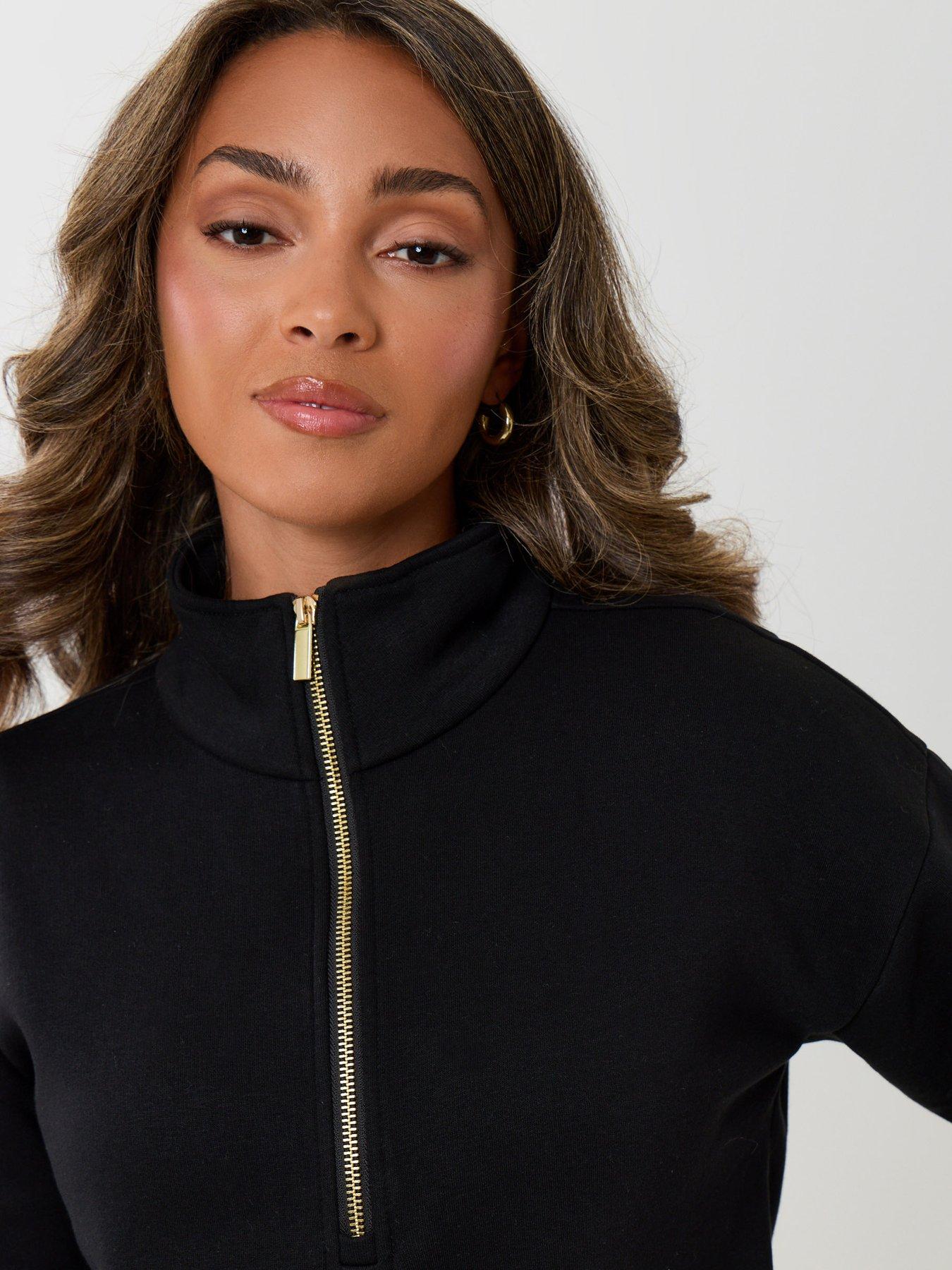 Image 4 of 4 of Threadbare Womens Funnel Neck Half-Zip Wide Leg Sweatshirt Set - Black