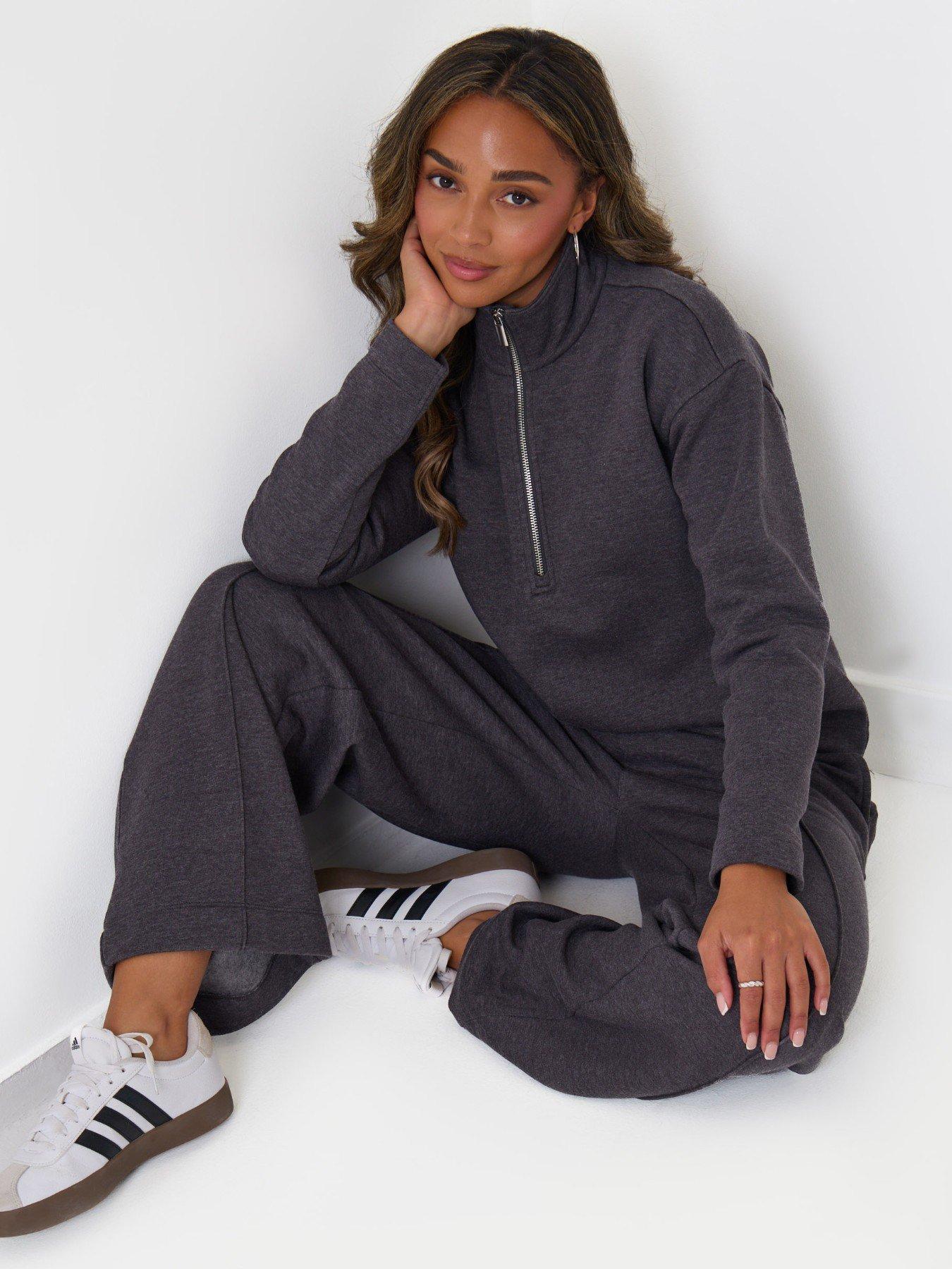Image 1 of 5 of Threadbare Funnel Neck Wide Leg Sweat Set In Charcoal Grey
