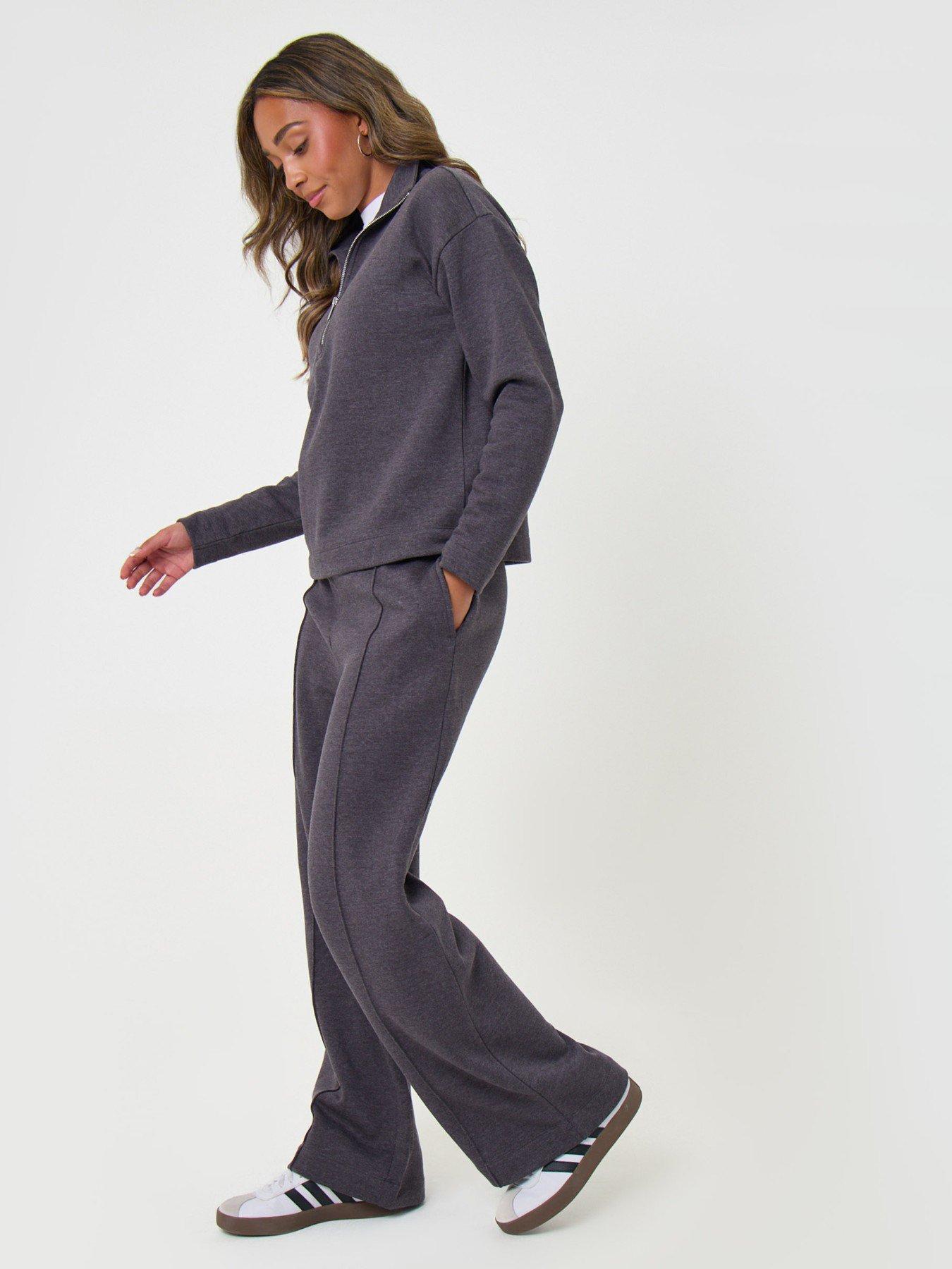 Image 5 of 5 of Threadbare Funnel Neck Wide Leg Sweat Set In Charcoal Grey