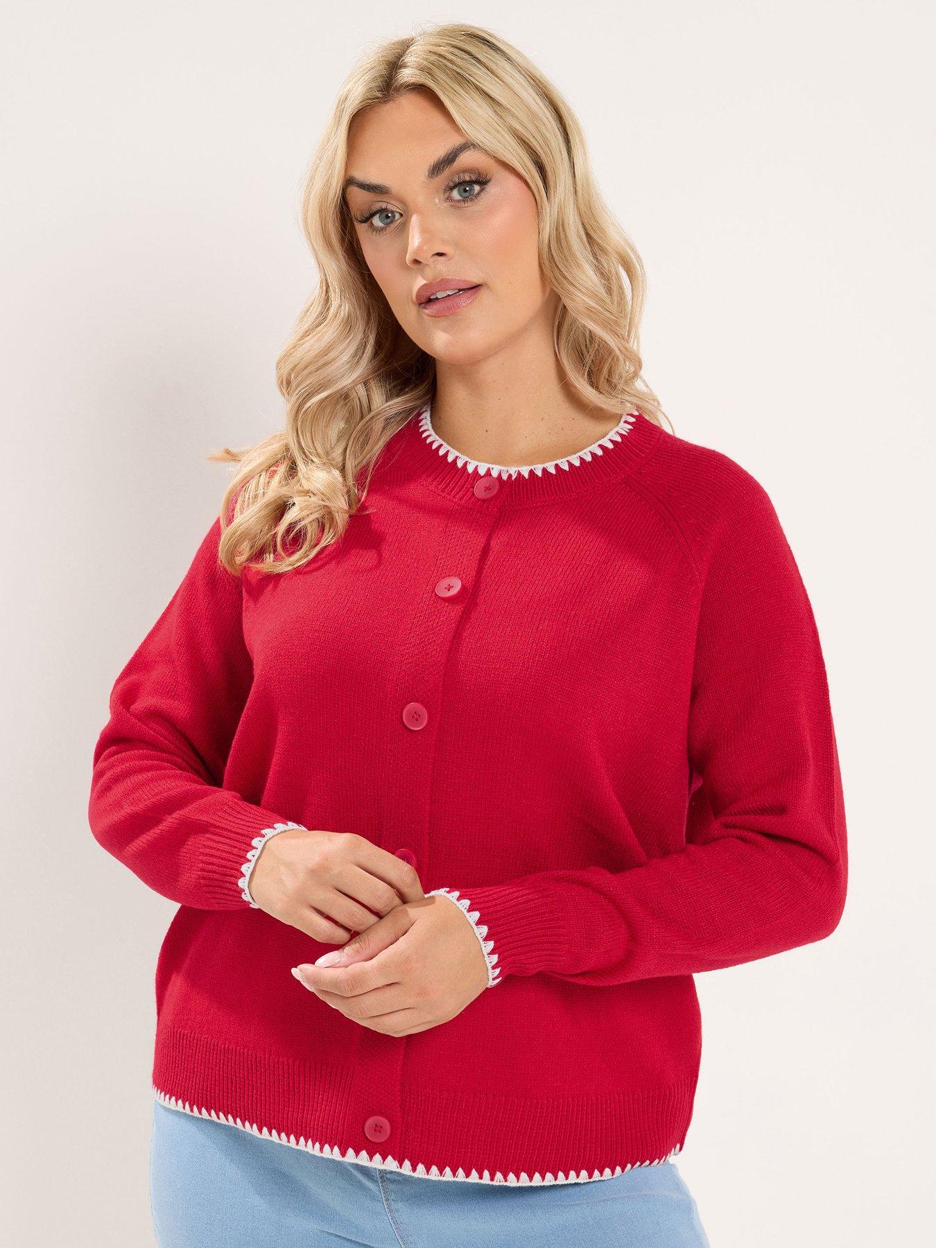 Yours Curve Blanket Stitch Cardigan - Red
