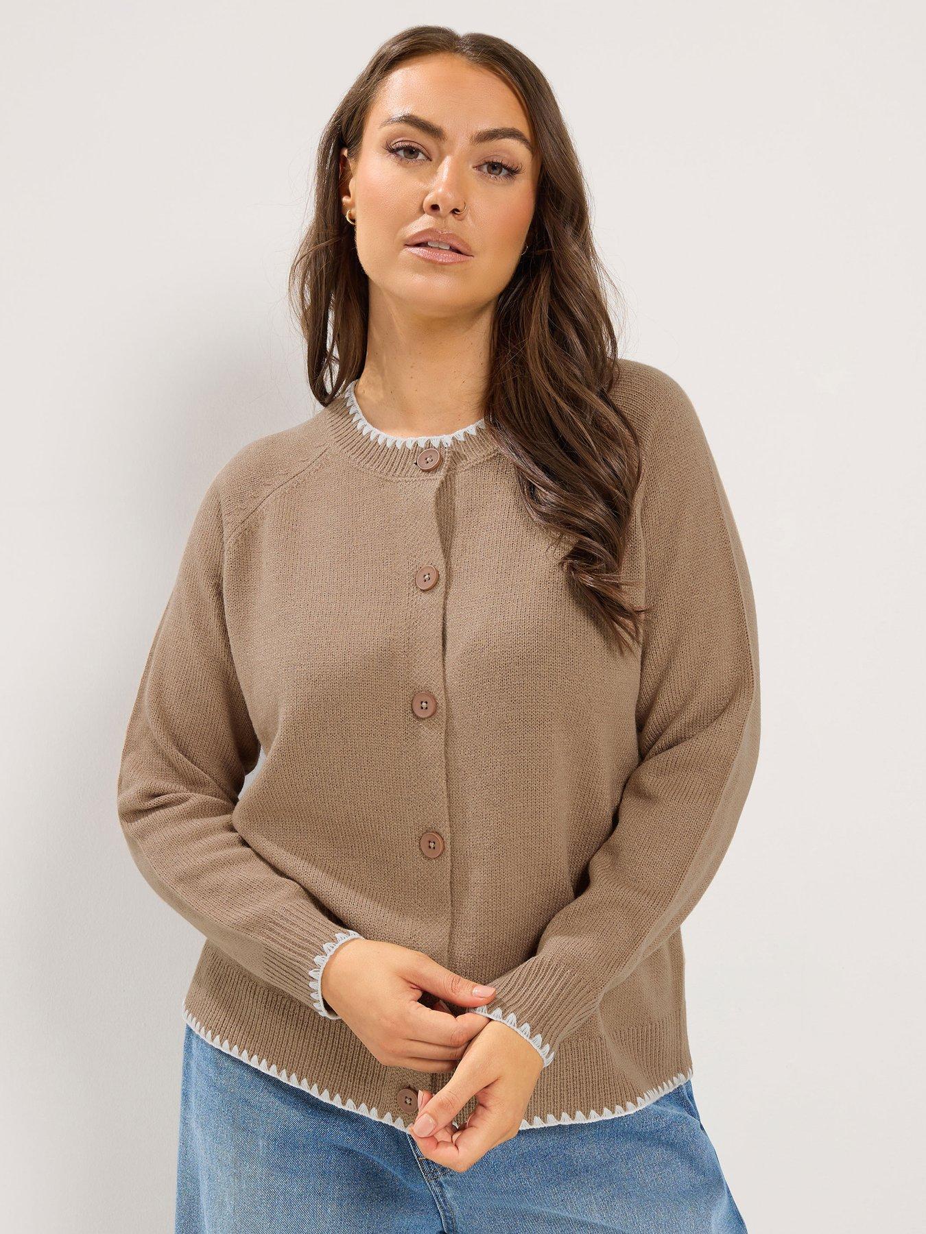 Yours Curve Blanket Stitch Cardigan - Brown