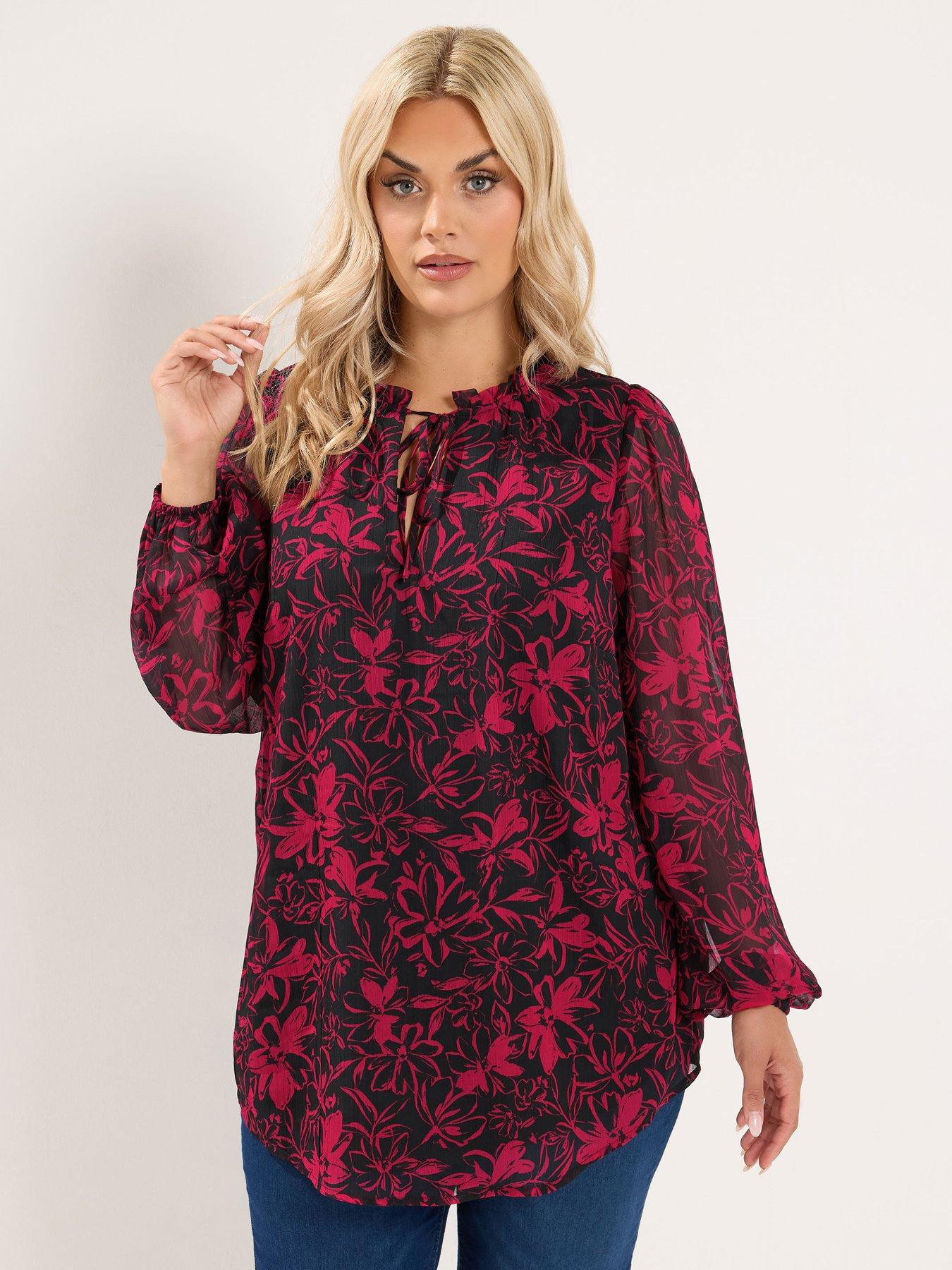 Yours Curve Frill Neck Floral Print Blouse - Red