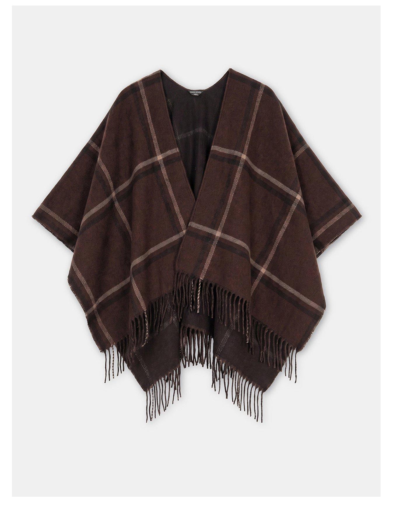 Image 1 of 1 of Accessorize Check Print Knit Poncho - Brown