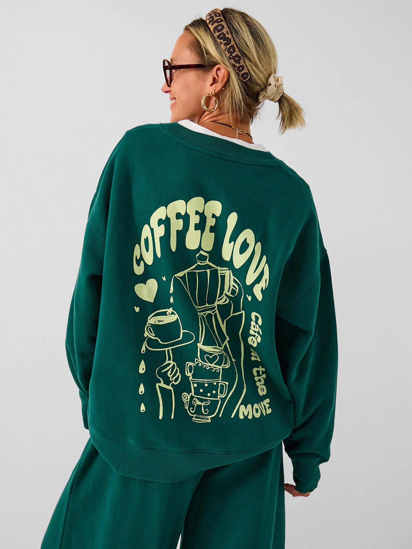 Image 2 of 5 of Accessorize Womens Oversized Coffee Love Print Sweatshirt - Green