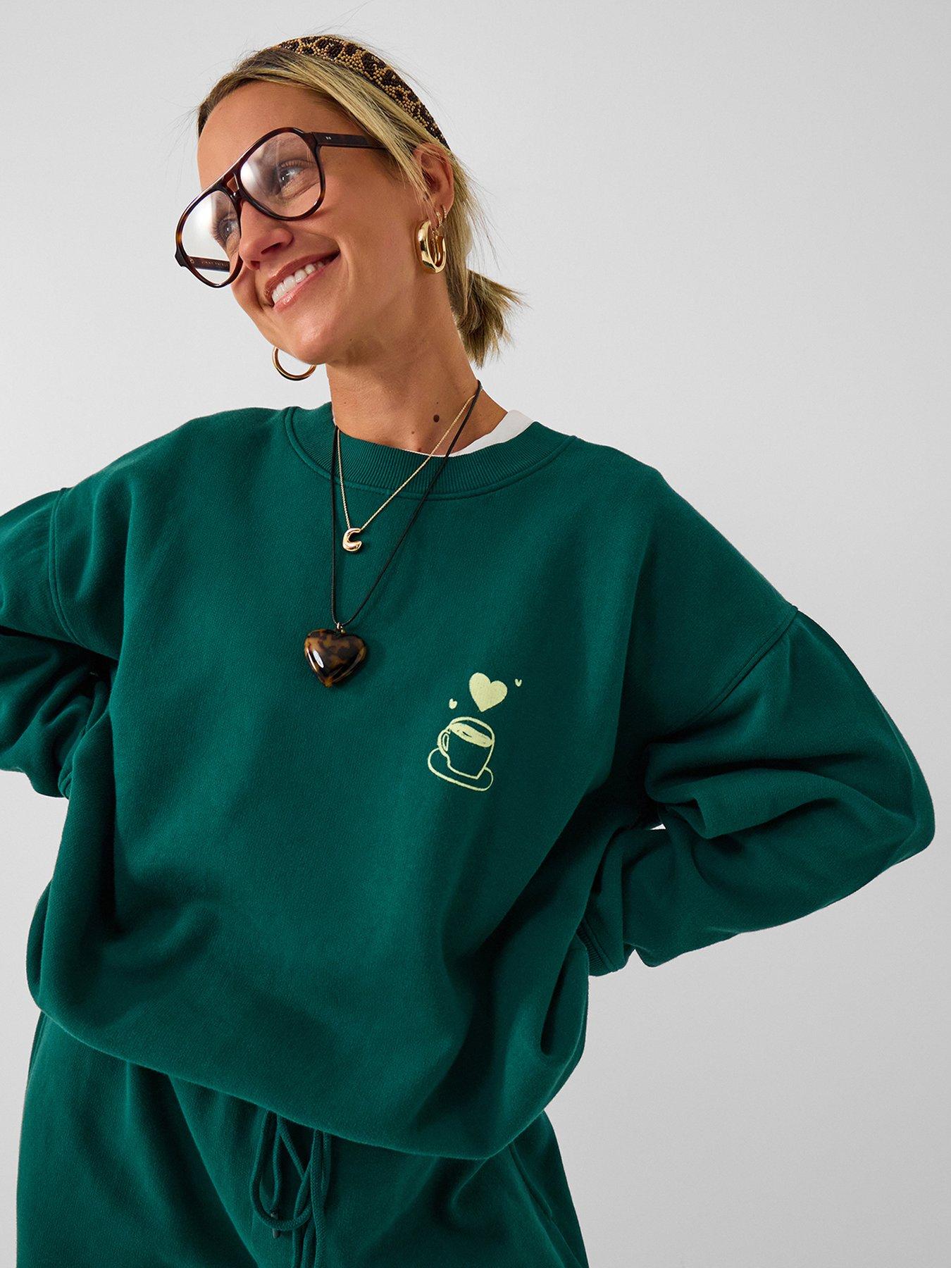 Image 4 of 5 of Accessorize Womens Oversized Coffee Love Print Sweatshirt - Green