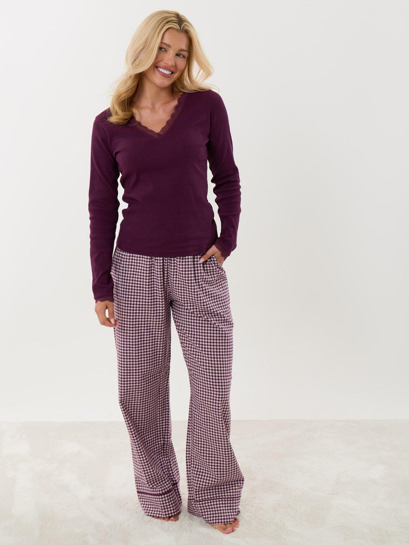 Image 3 of 5 of Threadbare Petite Cotton Long Pyjama Set In Plum Gingham