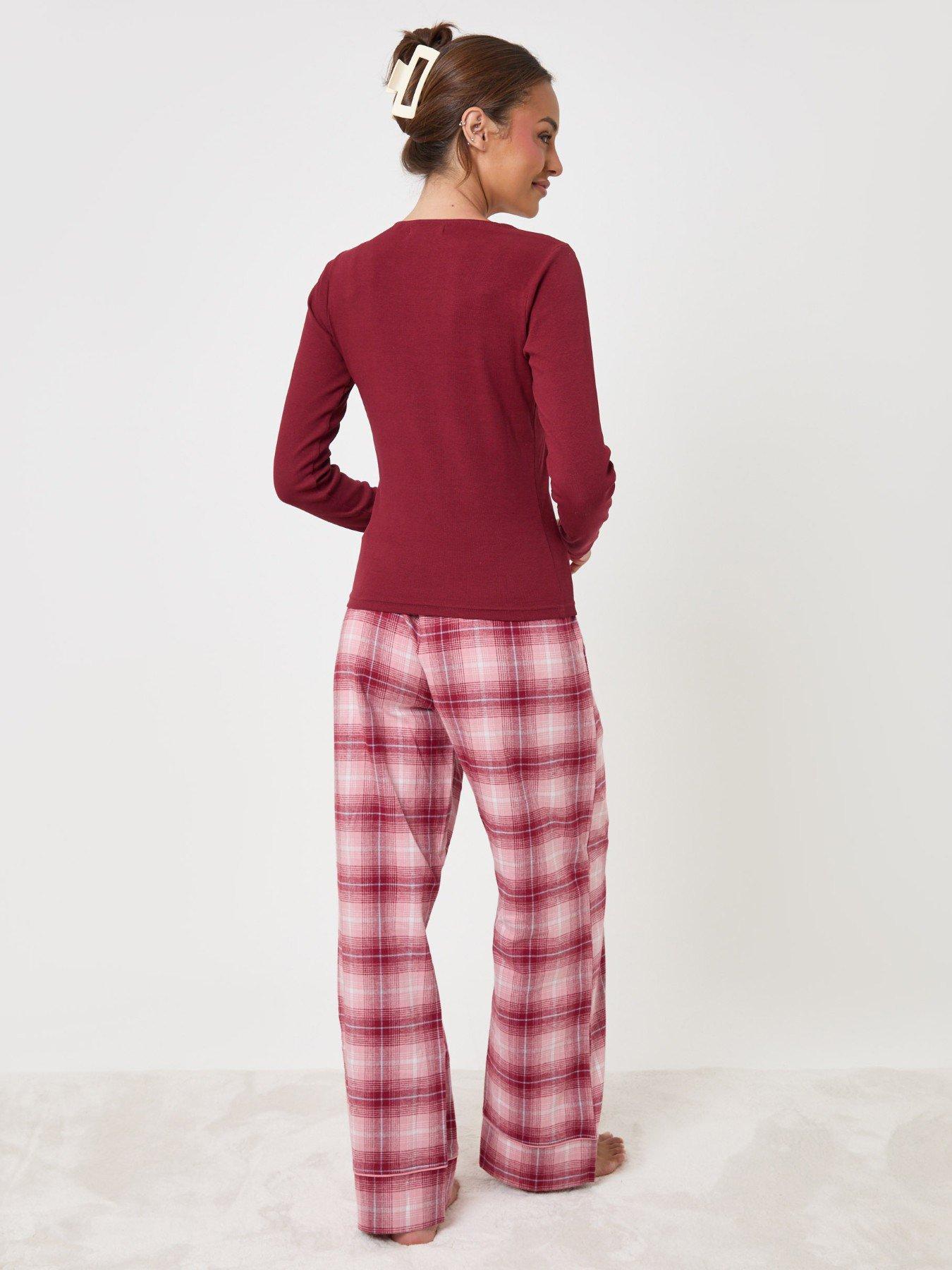 Image 2 of 5 of Threadbare V Neck Top & Flannel Bottoms Pyjama Set In Burgundy Check