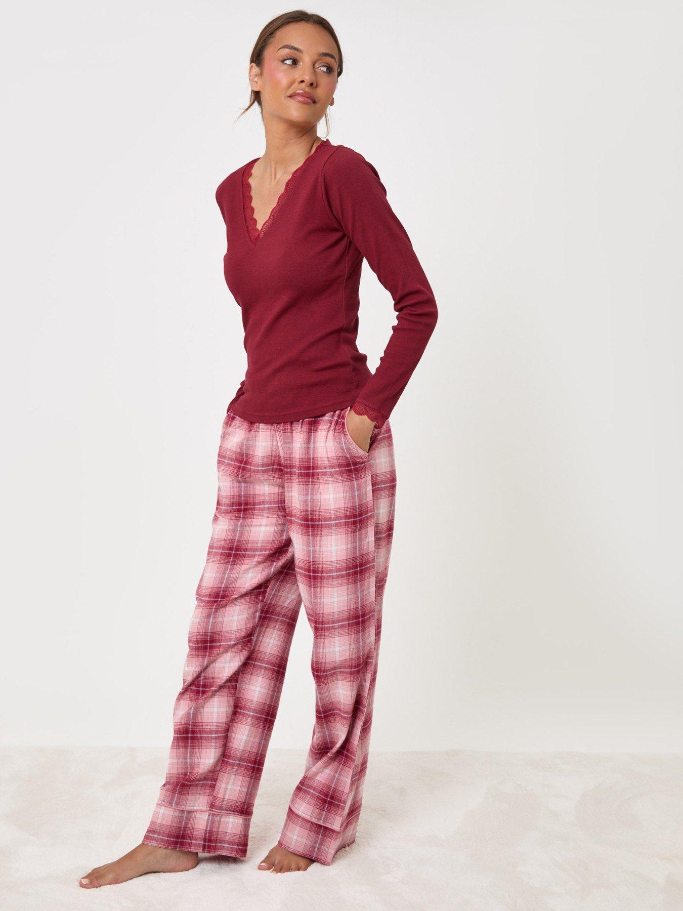 Image 4 of 5 of Threadbare V Neck Top & Flannel Bottoms Pyjama Set In Burgundy Check