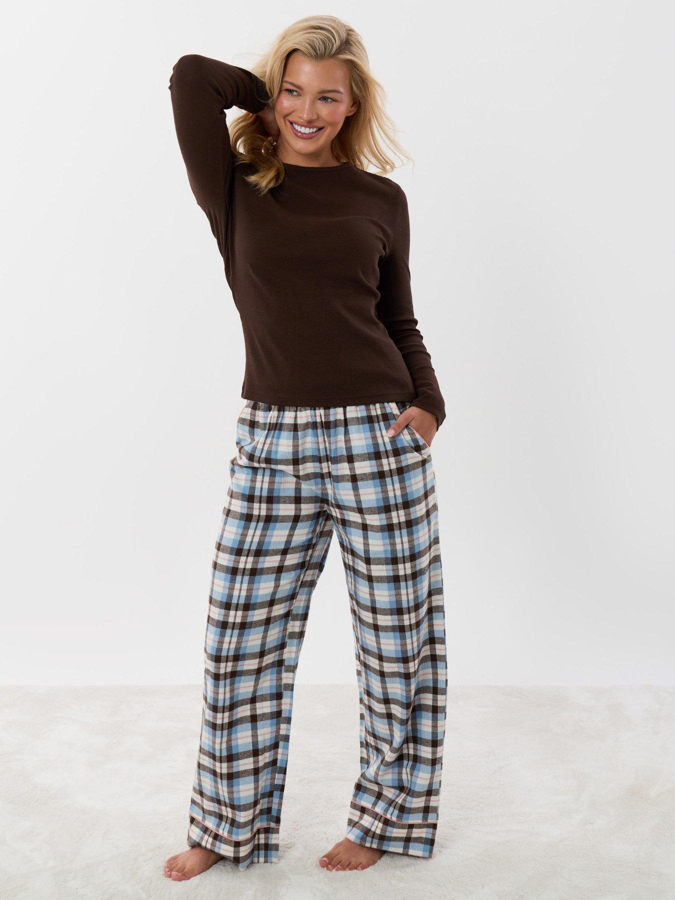 Image 1 of 5 of Threadbare Cotton Long Pyjama Set In Chocolate Brown Check
