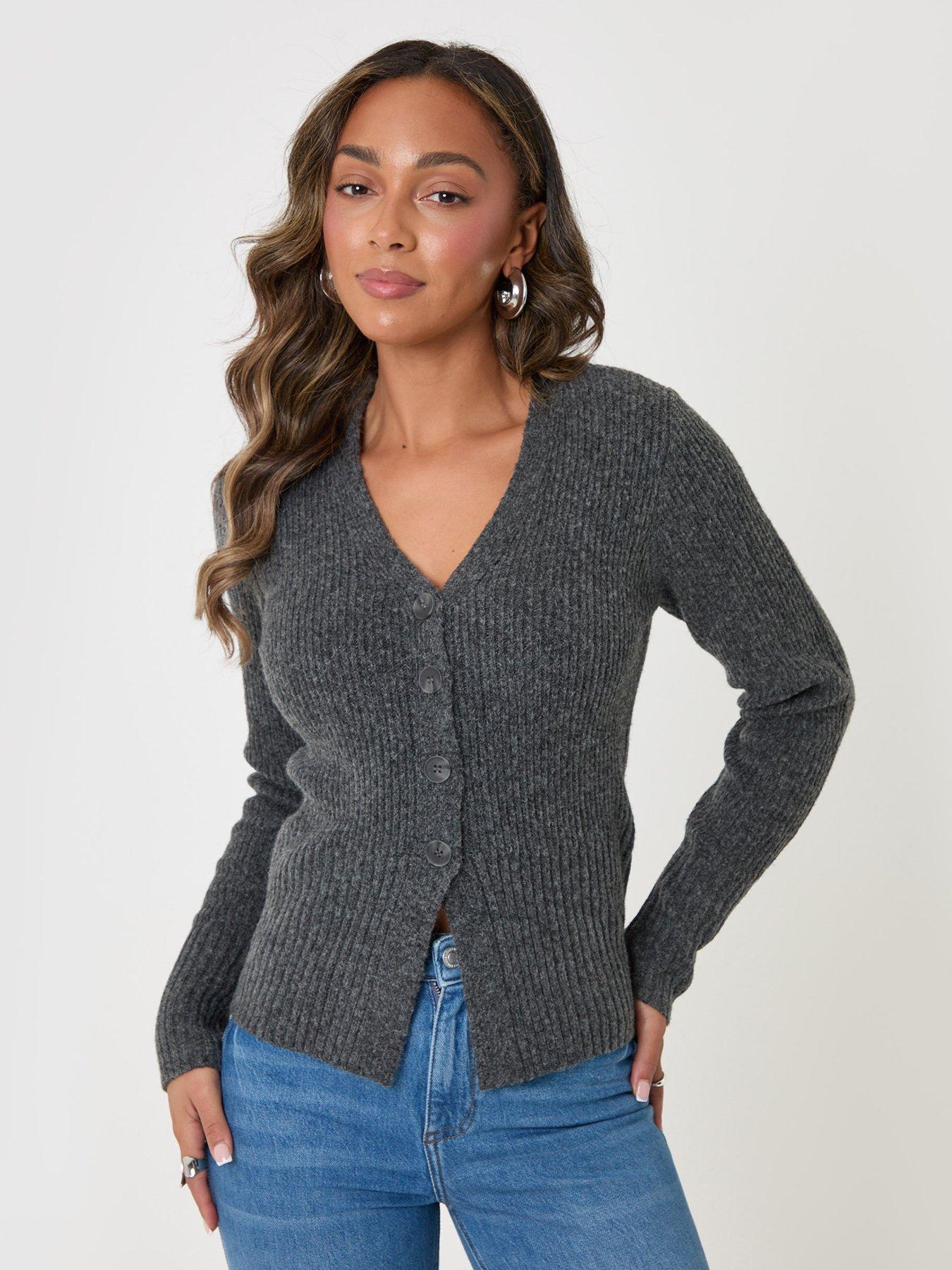 Image 1 of 4 of Threadbare Wool Blend V Neck Cardigan In Charcoal Grey