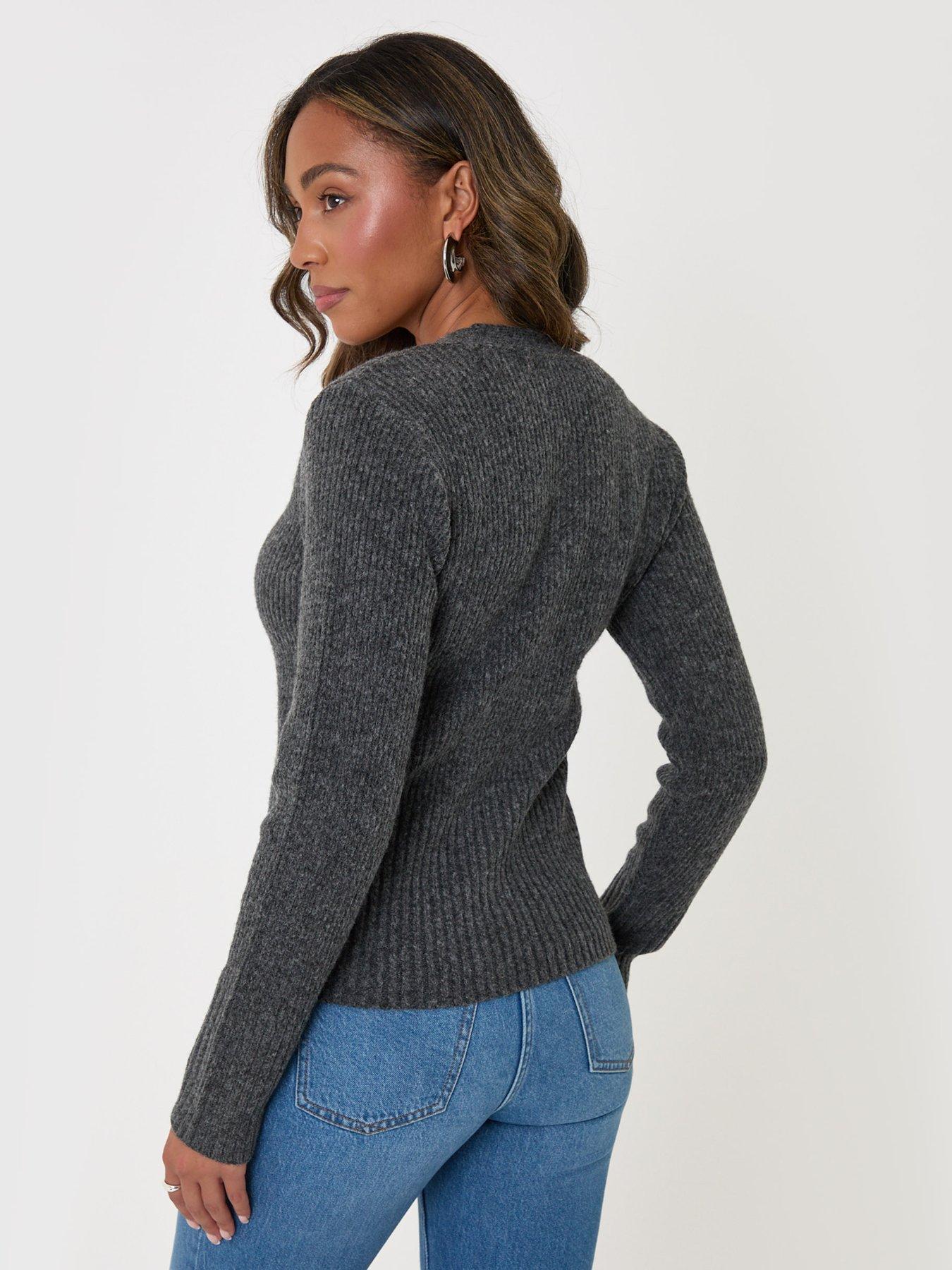 Image 2 of 4 of Threadbare Wool Blend V Neck Cardigan In Charcoal Grey