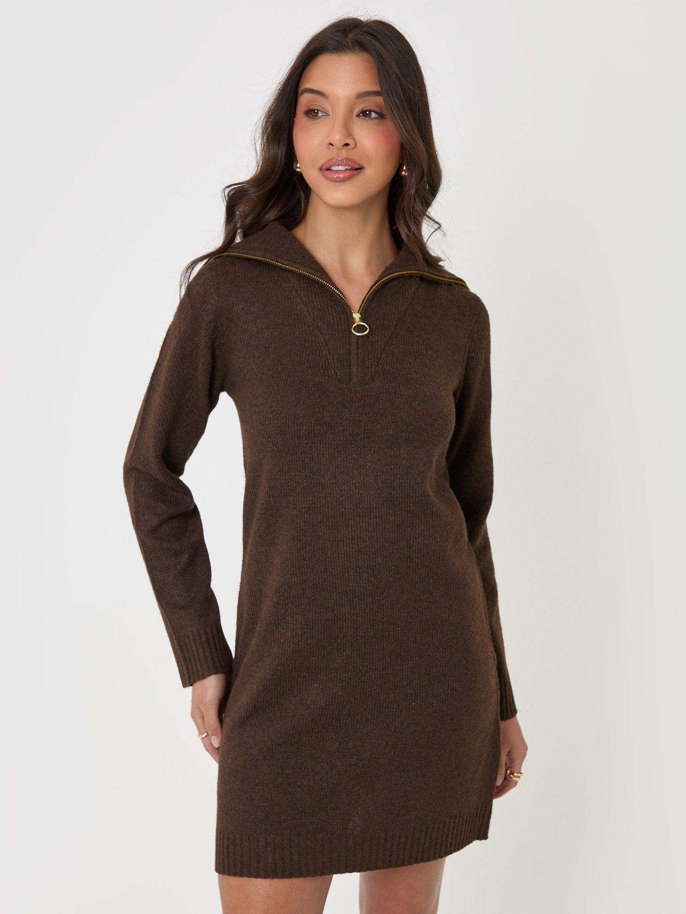 Image 1 of 4 of Threadbare Quarter Zip Brushed Knit Mini Dress In Chocolate Brown
