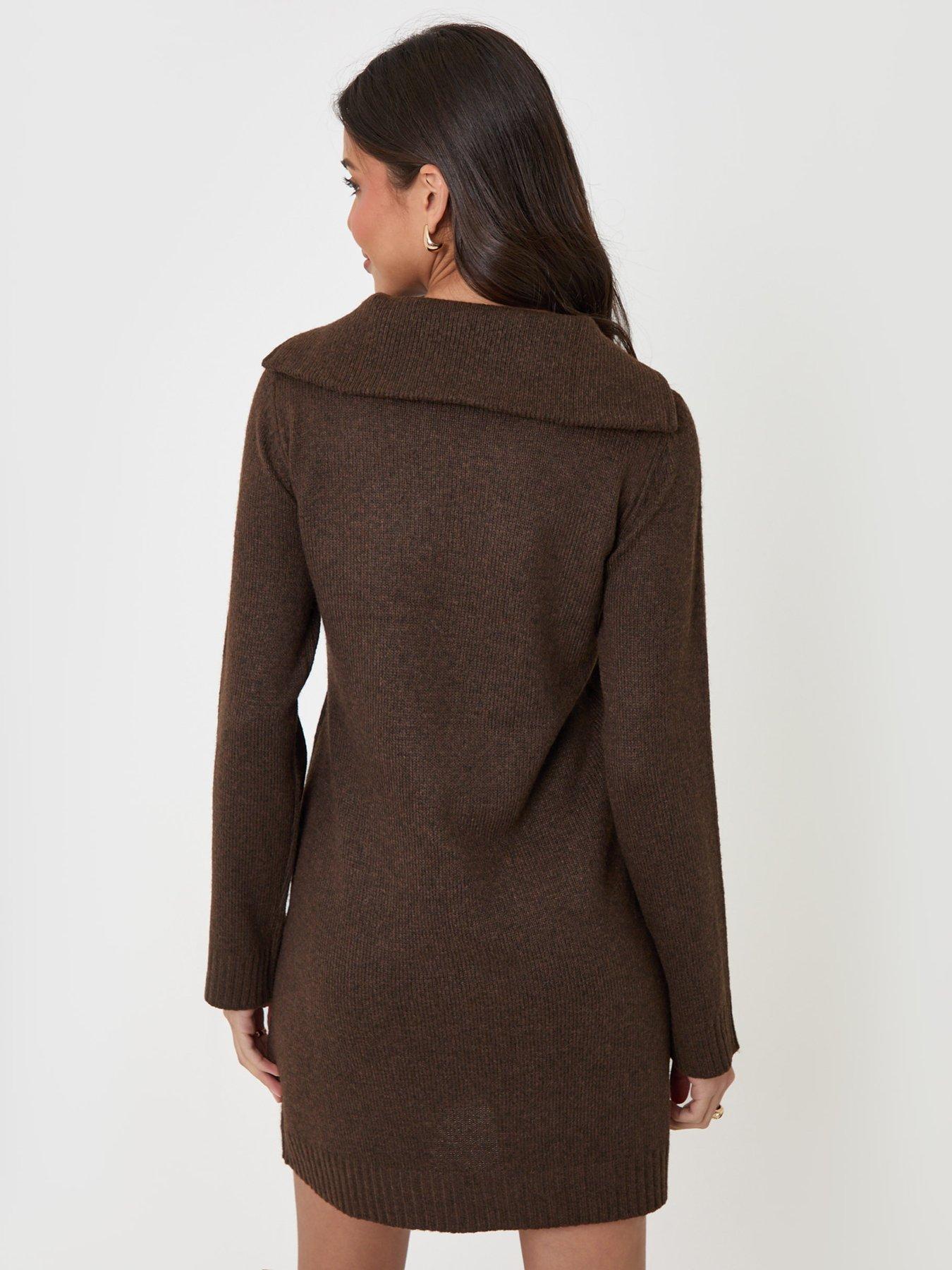 Image 2 of 4 of Threadbare Quarter Zip Brushed Knit Mini Dress In Chocolate Brown