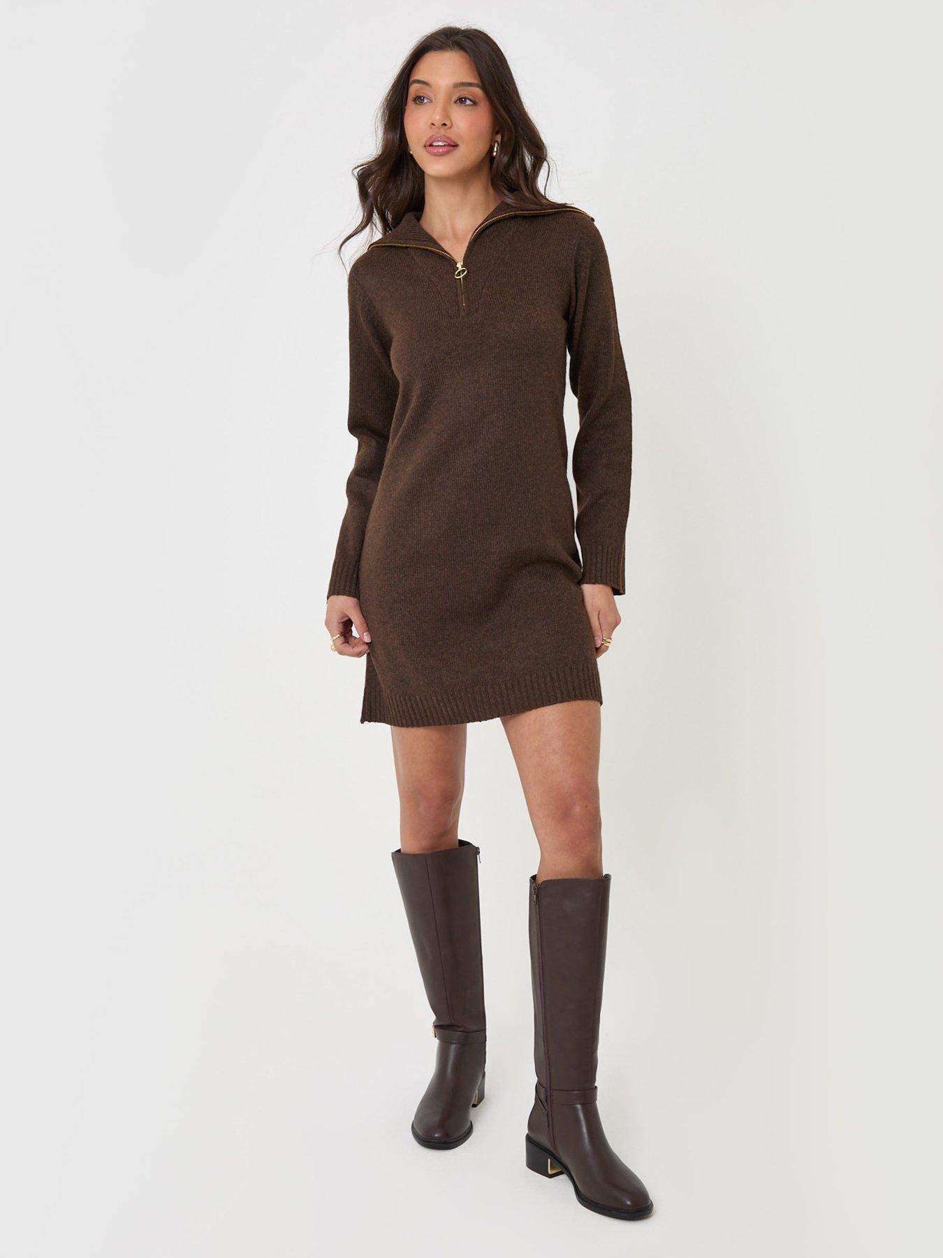 Image 3 of 4 of Threadbare Quarter Zip Brushed Knit Mini Dress In Chocolate Brown