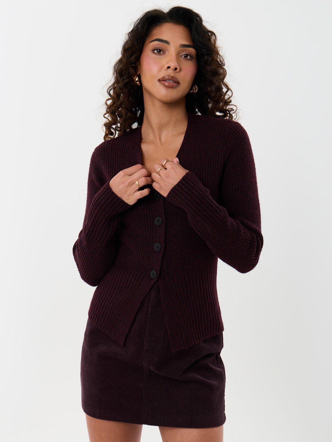 Image 1 of 4 of Threadbare Wool Blend V Neck Cardigan In Plum