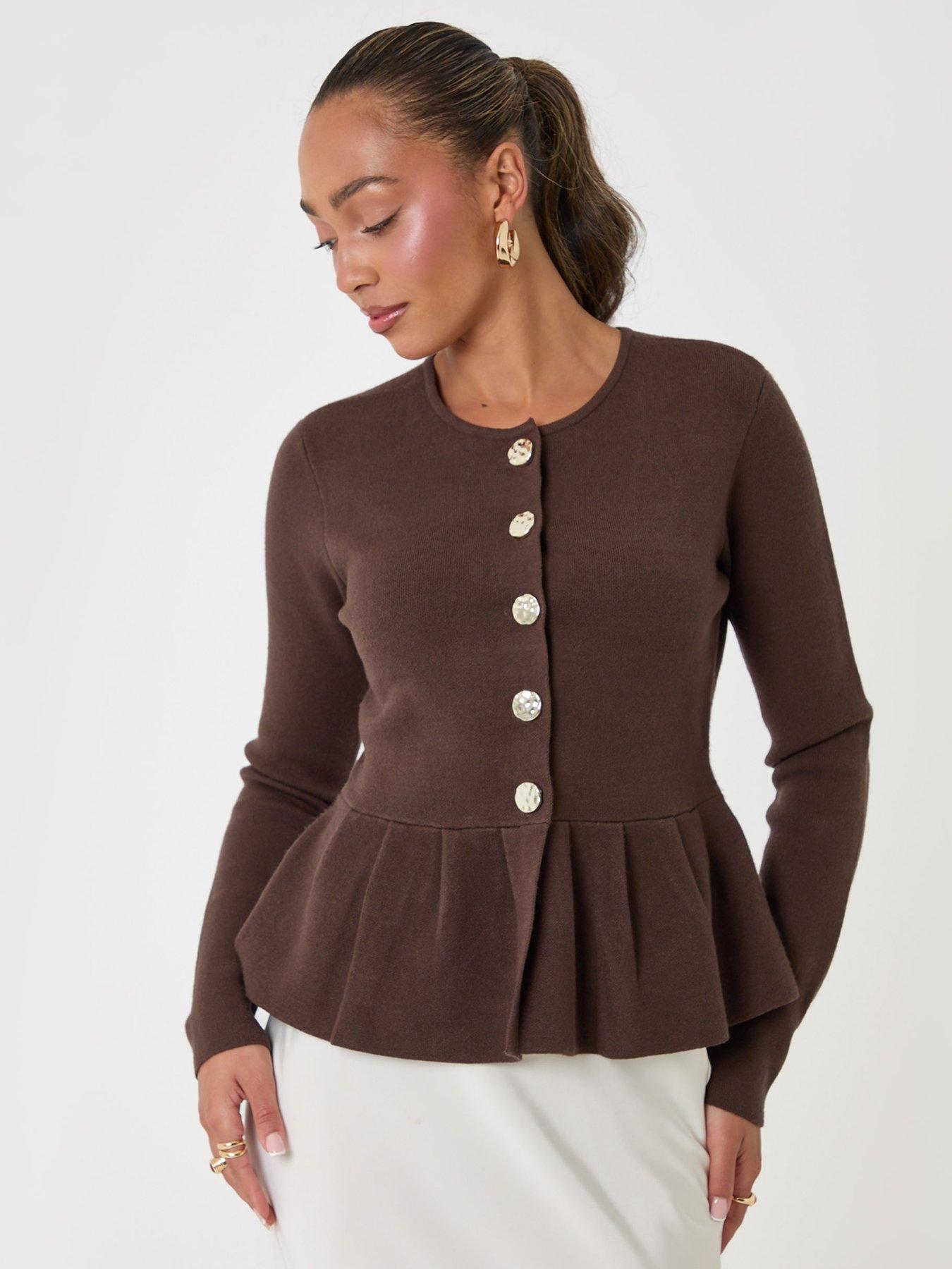 Image 1 of 4 of Threadbare Womens Crew Neck Peplum Metallic Button Cardigan - Brown