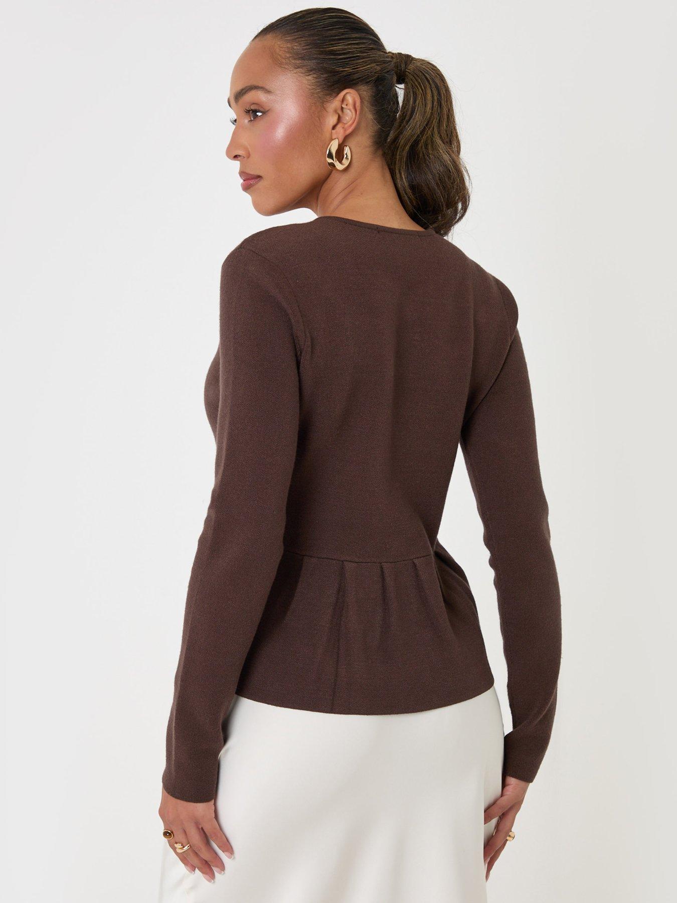 Image 2 of 4 of Threadbare Womens Crew Neck Peplum Metallic Button Cardigan - Brown