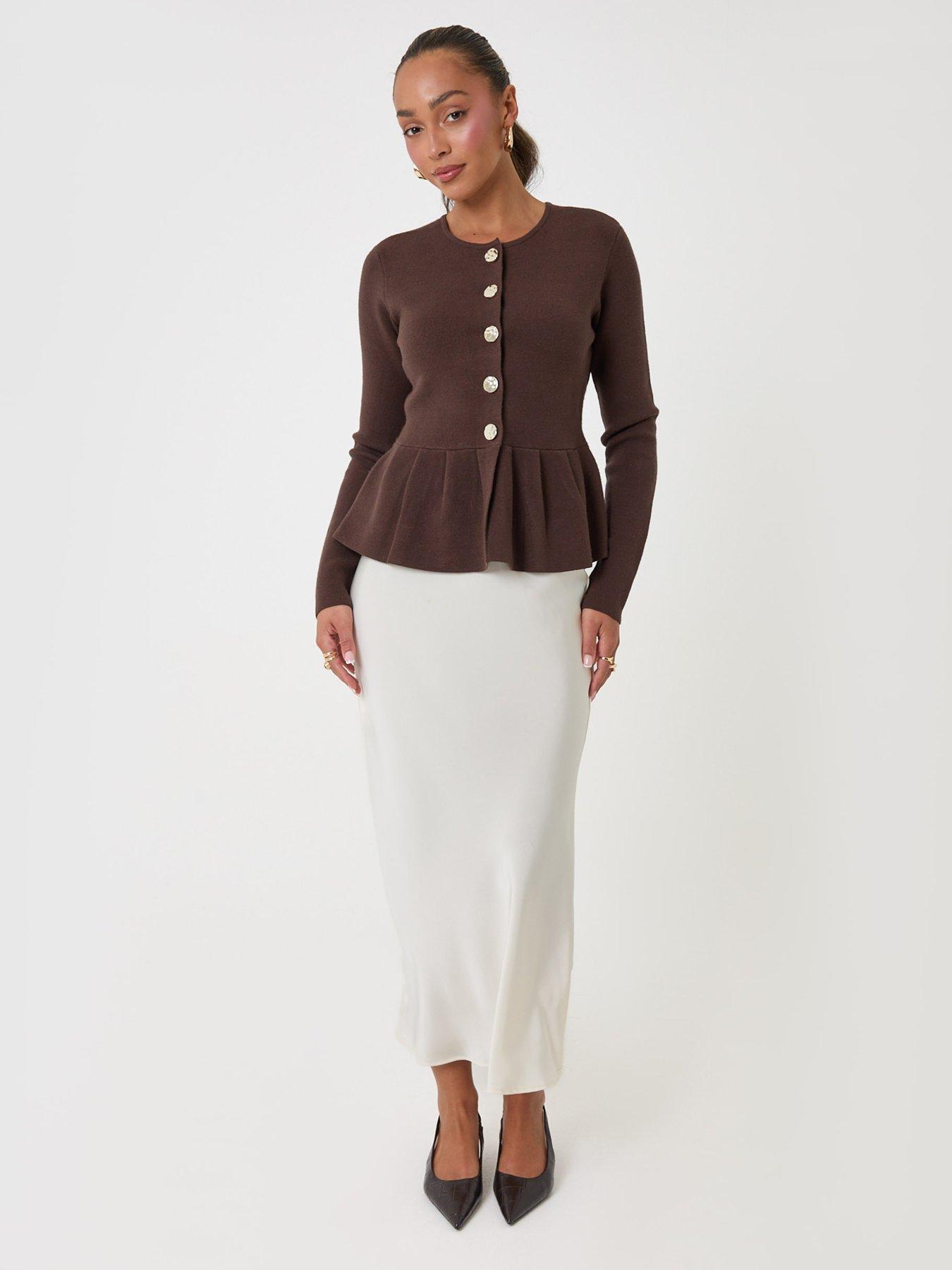 Image 3 of 4 of Threadbare Womens Crew Neck Peplum Metallic Button Cardigan - Brown